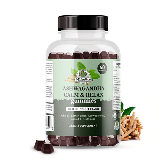 Ashwagandha Calm & Relax Gummies with Vitamin B6, Lemon Balm, GABA & L-Glutamine – 60 Gummies – Red Berries Flavor – Improve Sleep, Stress Relief & Mood – Vegan, Gluten-Free, Non-GMO Amazing BotanicalsAu supplements