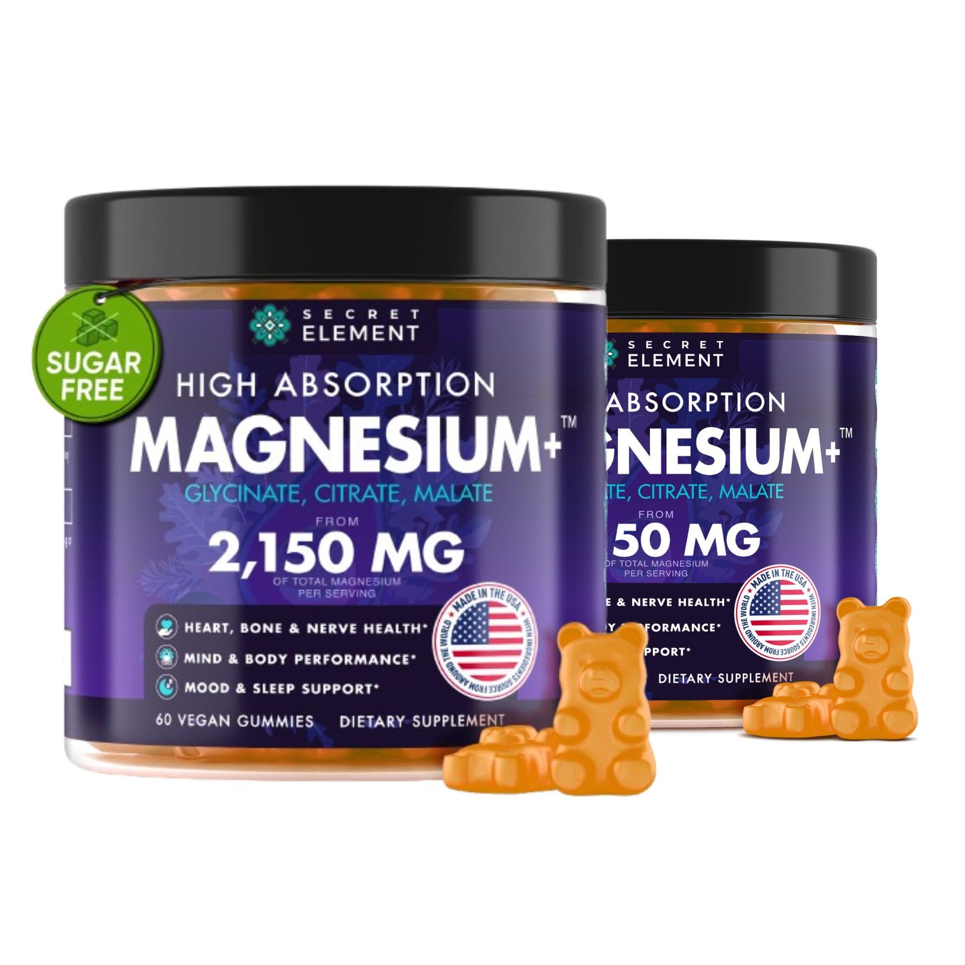 Magnesium Glycinate 2150MG Gummies for Women and Men, High Absorption Magnesium Glycinate, Citrate, Malate, Sugar Free, Vegan, 60 Chews, Pack of 2, Orange Secret Element Au supplements