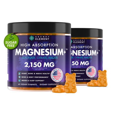 Magnesium Glycinate 2150MG Gummies for Women and Men, High Absorption Magnesium Glycinate, Citrate, Malate, Sugar Free, Vegan, 60 Chews, Pack of 2, Orange Secret Element Au supplements