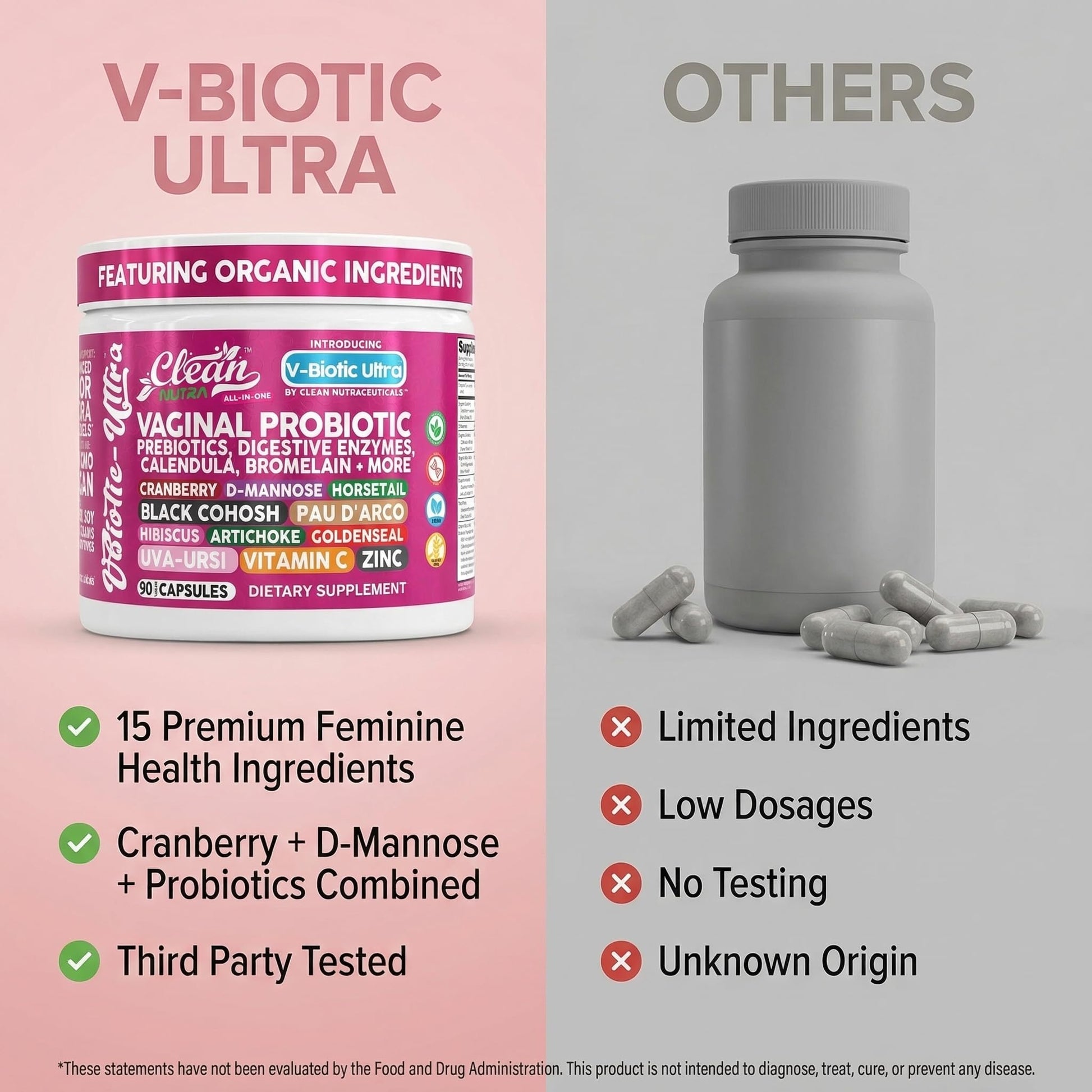 Clean Nutra Vaginal Probiotics for Women + Prebiotics Digestive Enzymes Bromelain Cranberry D Mannose Horsetail Black Cohosh Artichoke Hibiscus Flowers Probiotic for Digestive Health 90 Vegan Capsules Clean Nutraceuticals Au supplements