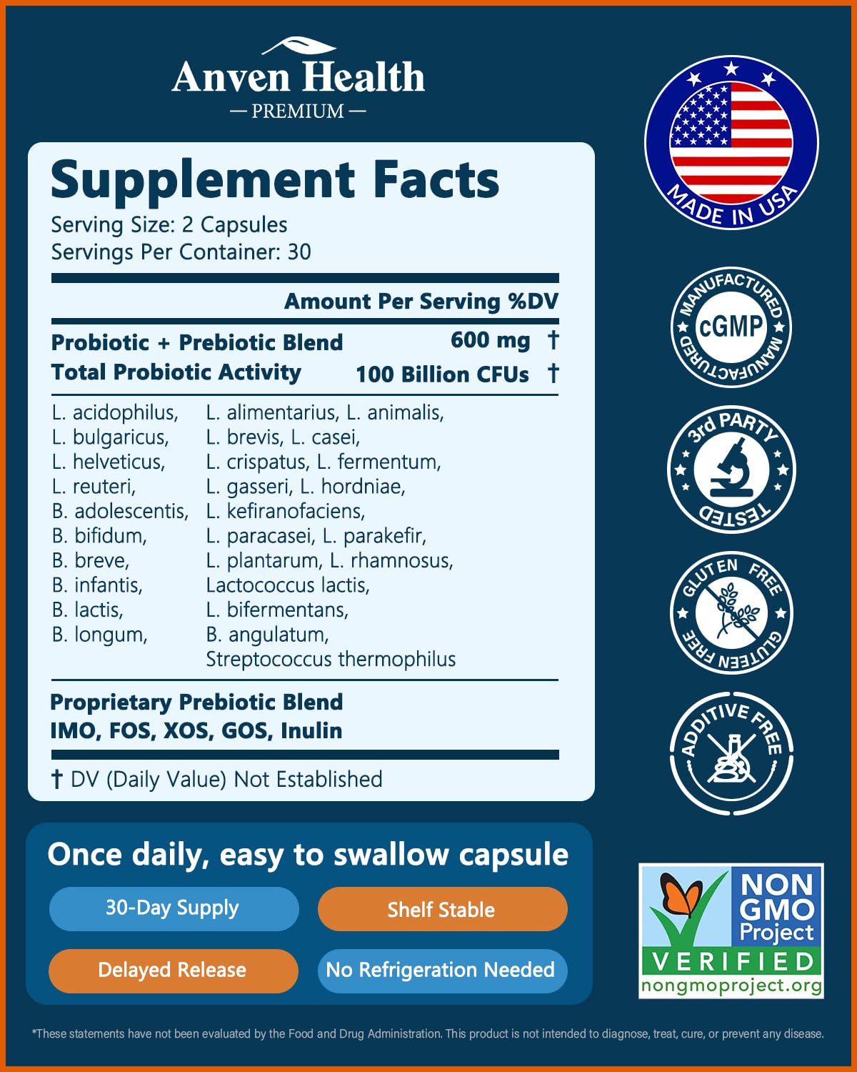 Anven Health 100 Billion Probiotics for Men and Women 27 Strains 5 Organic Prebiotics for Gut Digestive & Immune Health, Supports Diarrhea Gas Bloating, Non-GMO, Zero Fillers – Made in USA丨180 Caps Anven Health Au supplements