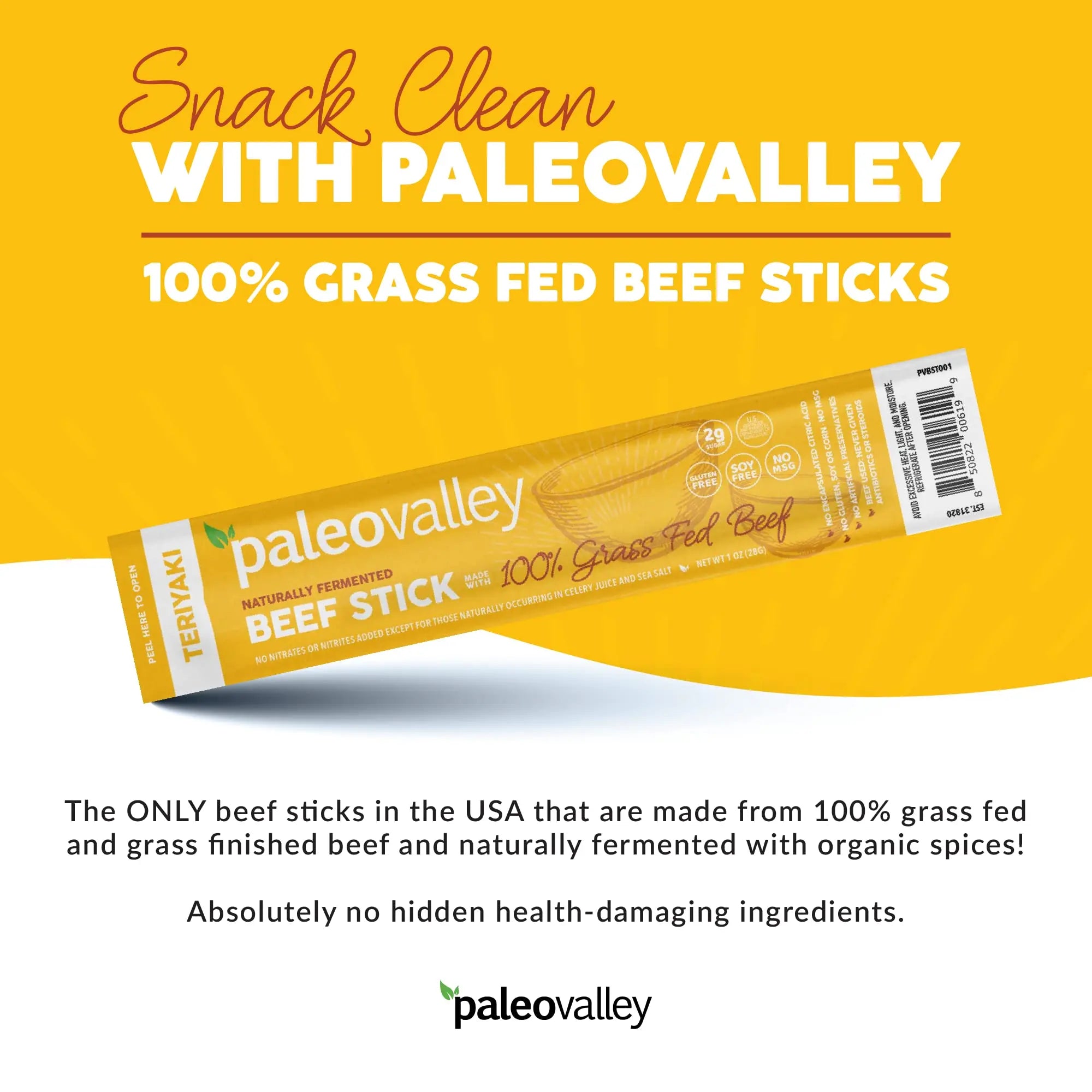 Paleovalley 100% Grass Fed Teriyaki Beef Sticks - Delicious Gluten Free Beef Snack - High Protein Keto Friendly Paleovalley Au supplements