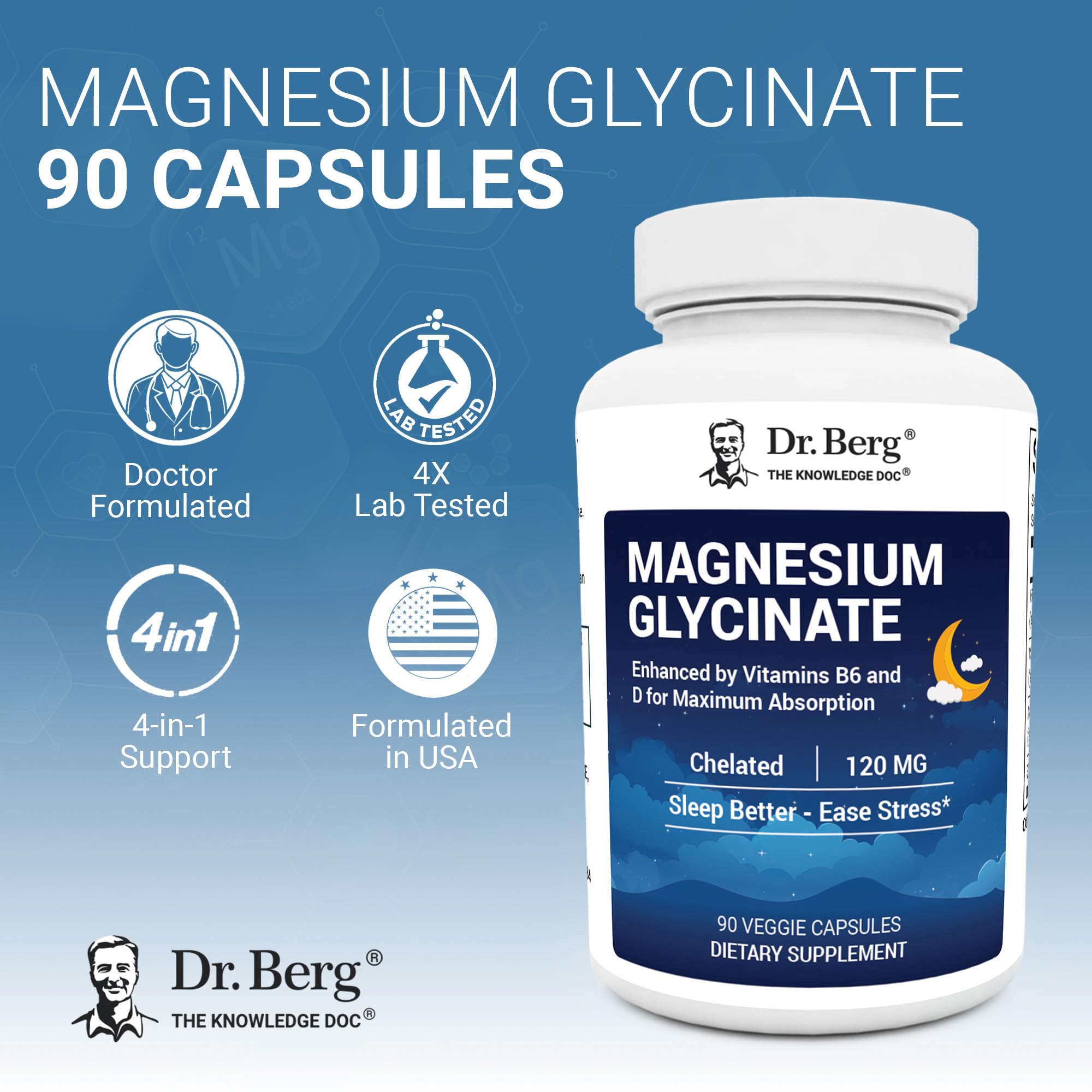 Dr. Berg Magnesium Glycinate 90ct – 4-in-1 Chelated for Muscle, Nerve, Sleep & Stress Support*– w/ D3, B6 & Zinc – 4X Lab-Tested – No Fillers – Formulated in USA, GMP-Certified Dr. Berg Nutritionals Au supplements