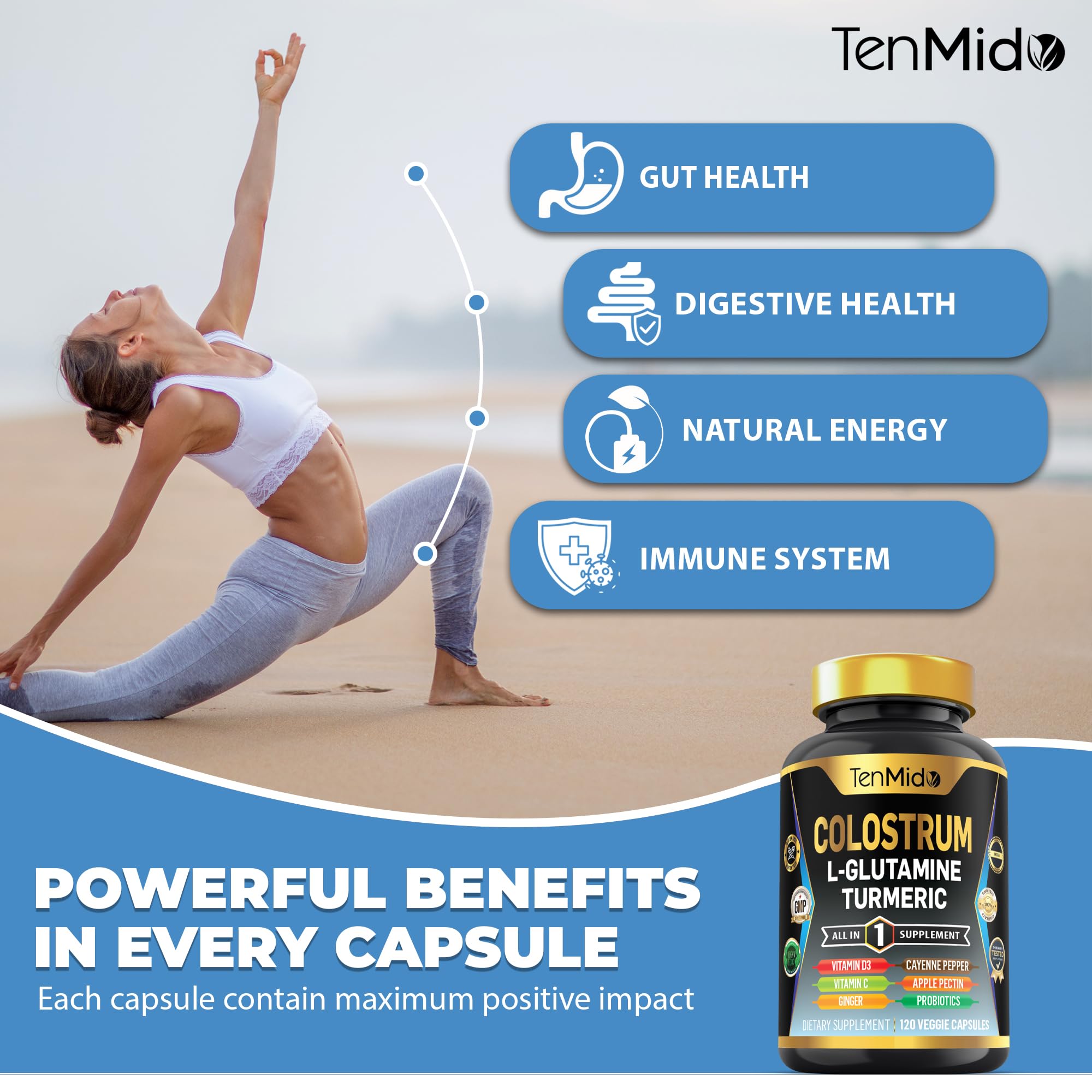 Tenmido Colostrum Supplement - 10in1 Formula - Combine with L- Glutamine, Turmeric, Cayenne Pepper, Apple Pectin, Probiotics, Ginger, and More - Digestive Health, Immune Support - 120 Capsules Tenmido Au supplements