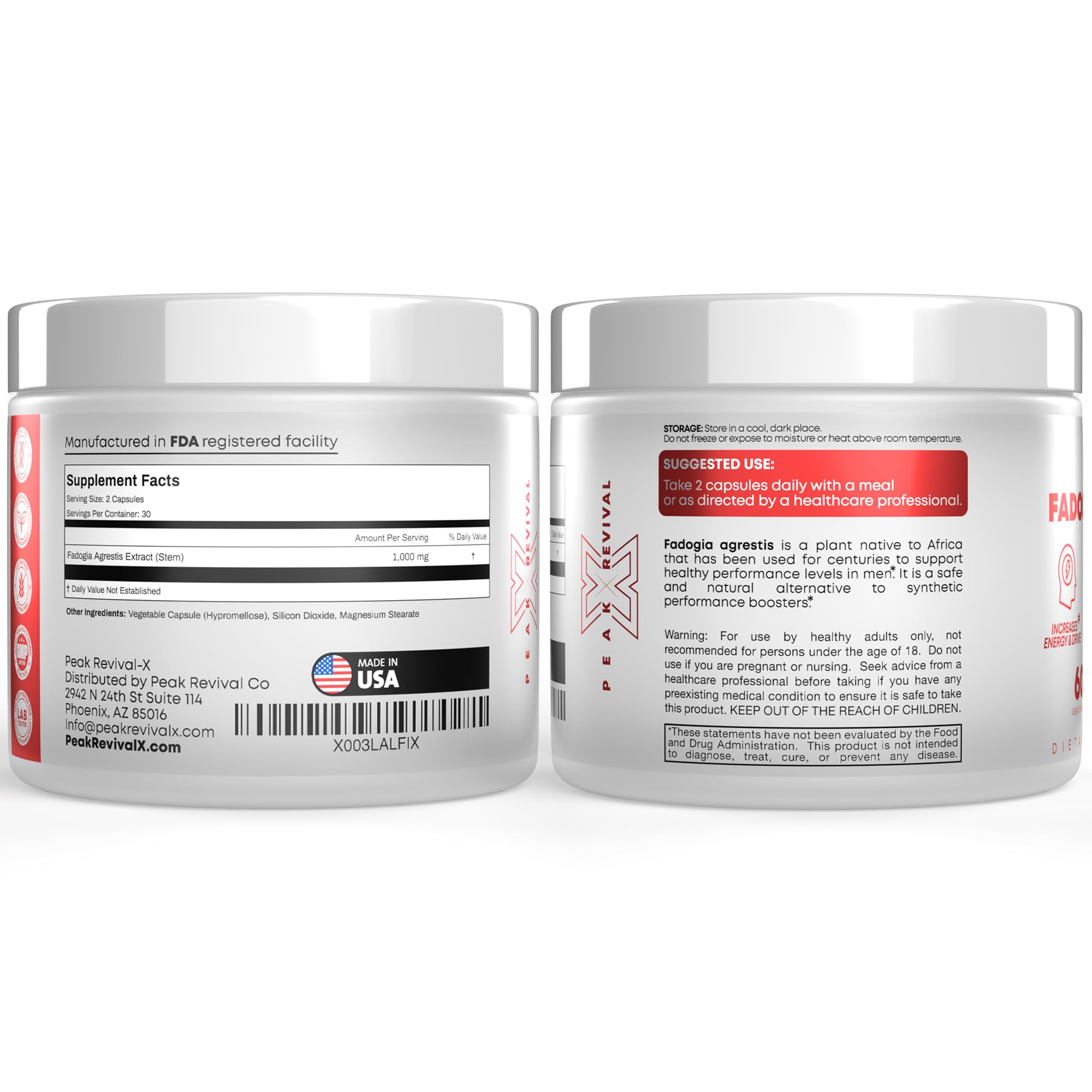 Peak Revival-X Fadogia Agrestis 1000mg Per Serving Supplement - Potent Extract to Increase Energy, Athletic Performance & Muscle Mass - Supplements, Made in The USA (60 Capsules) Peak Revival-X Au supplements