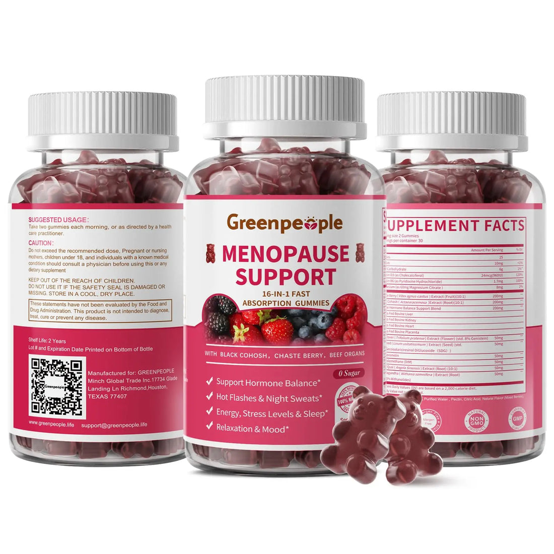 GREENPEOPLE Menopause Supplements for Women Gummies - 16-in-1 Dual Action Menopause Relief W/Black Cohosh, Vitex, Beef Organs for Hormone Balance, Hot Flashes, Night Sweats & Mood, Sugar-Free 60 CT GREENPEOPLE uk supplements