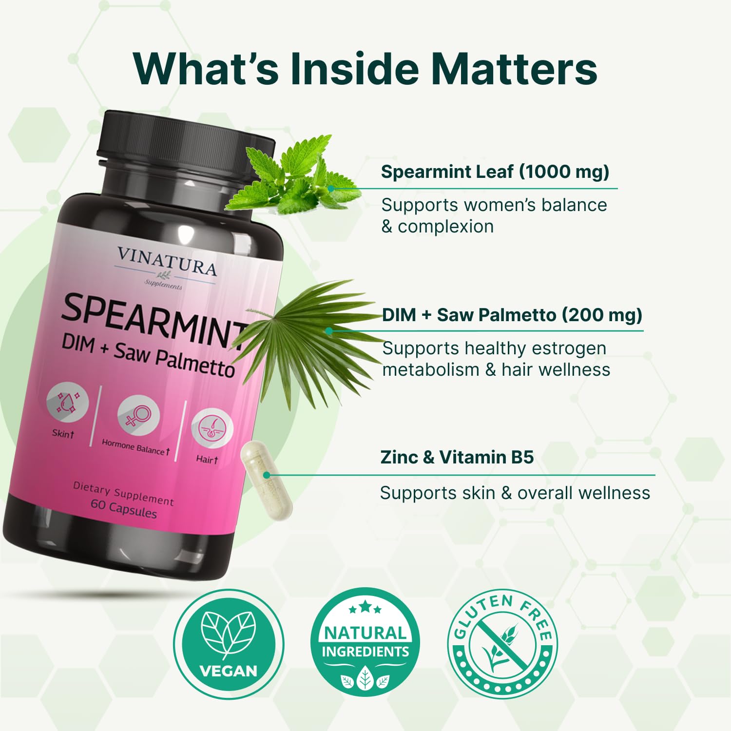 VINATURA Spearmint Leaf Capsules Supplement - Enhanced with DIM & Saw Palmetto, for Unwanted Hair, Women' Health & Skin *USA Made & Tested* - 1380mg/serving, 60 Capsules (30 Servings) VINATURA Au supplements