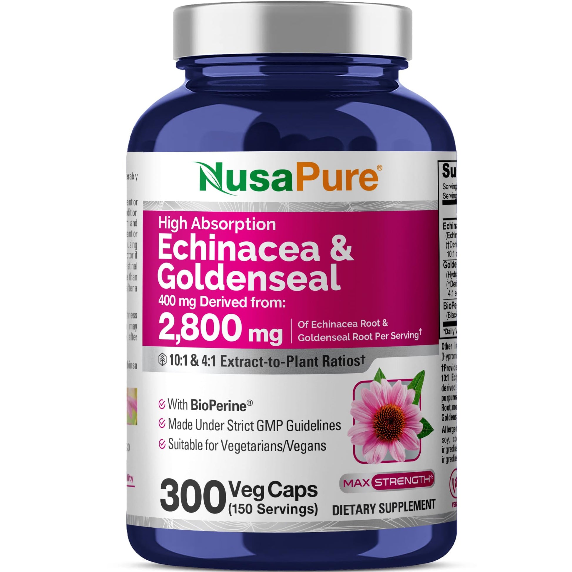 NusaPure Echinacea Goldenseal 200mg, (Extract 10:1, Equivalent to 2,000mg), 200mg, (Extract 4:1, Equivalent to 800mg) - 2800mg 300 Veggie Caps (Vegetarian, Non-GMO, Vegan) NusaPure Au supplements