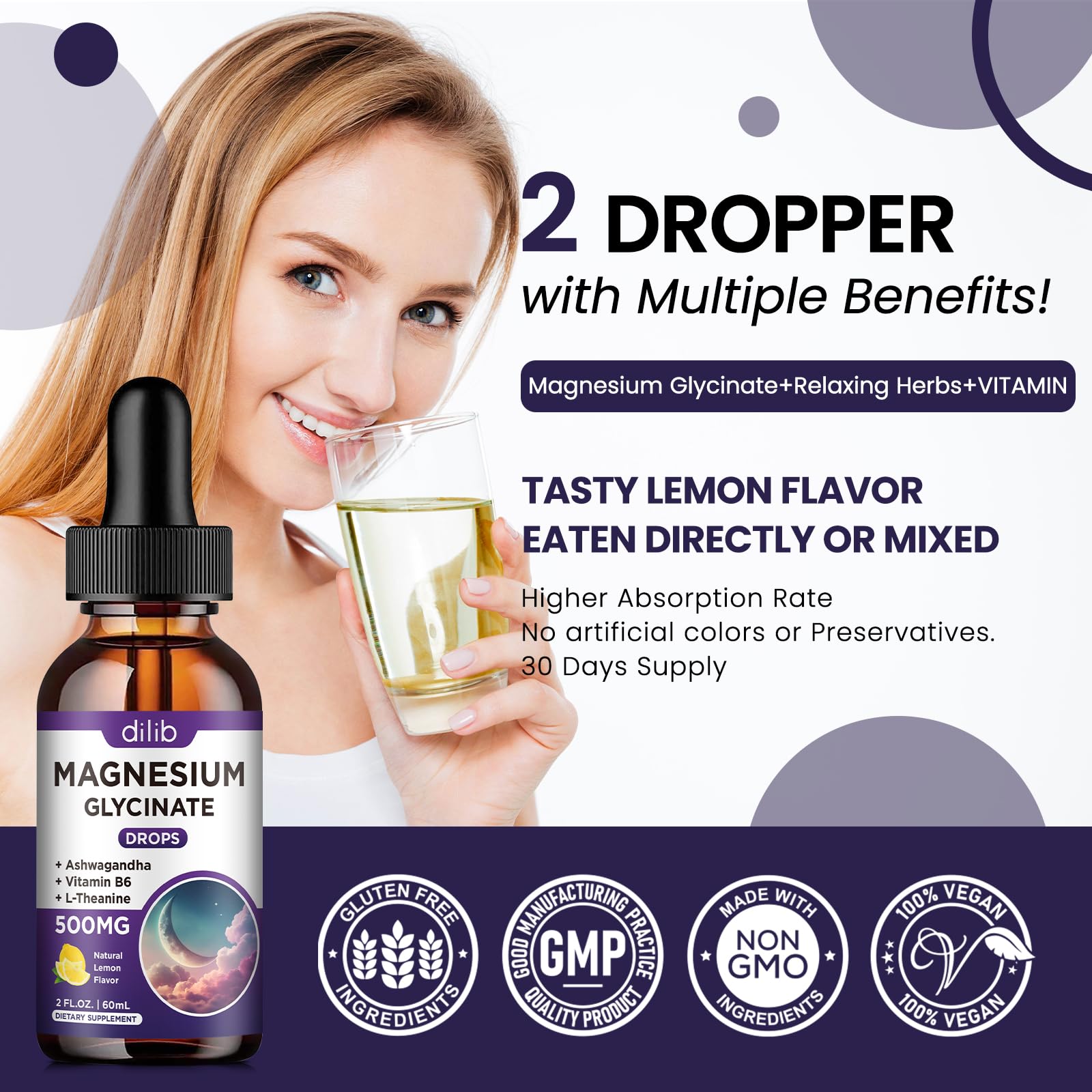 Magnesium Glycinate Supplement, Magnesium Liquid Drops with Magnesium Glycinate 500mg Vitamin B6, Ashwagandha, L - Theanine, Chamomile -Support Stress Relief, Bone, Muscle, Mood Vegan dilib Au supplements
