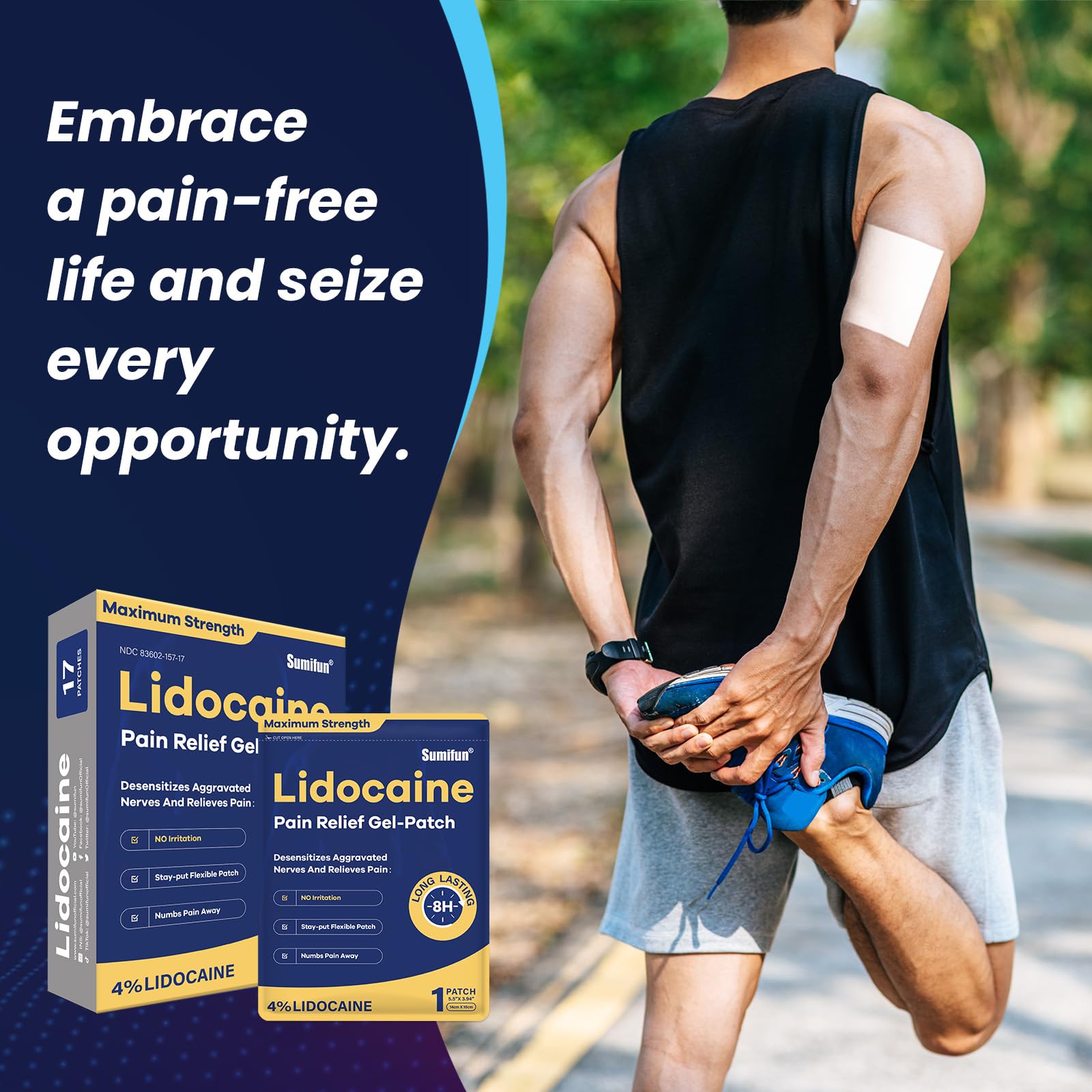 Sumifun 4% Lidocaine Patches Maximum Strength - Pain Relieving Gel Patch for Muscle Soreness, Back Ache, Knee, Neck & Joint Pains - Topical Analgesic (Large, Count, 17) Sumifun Au supplements