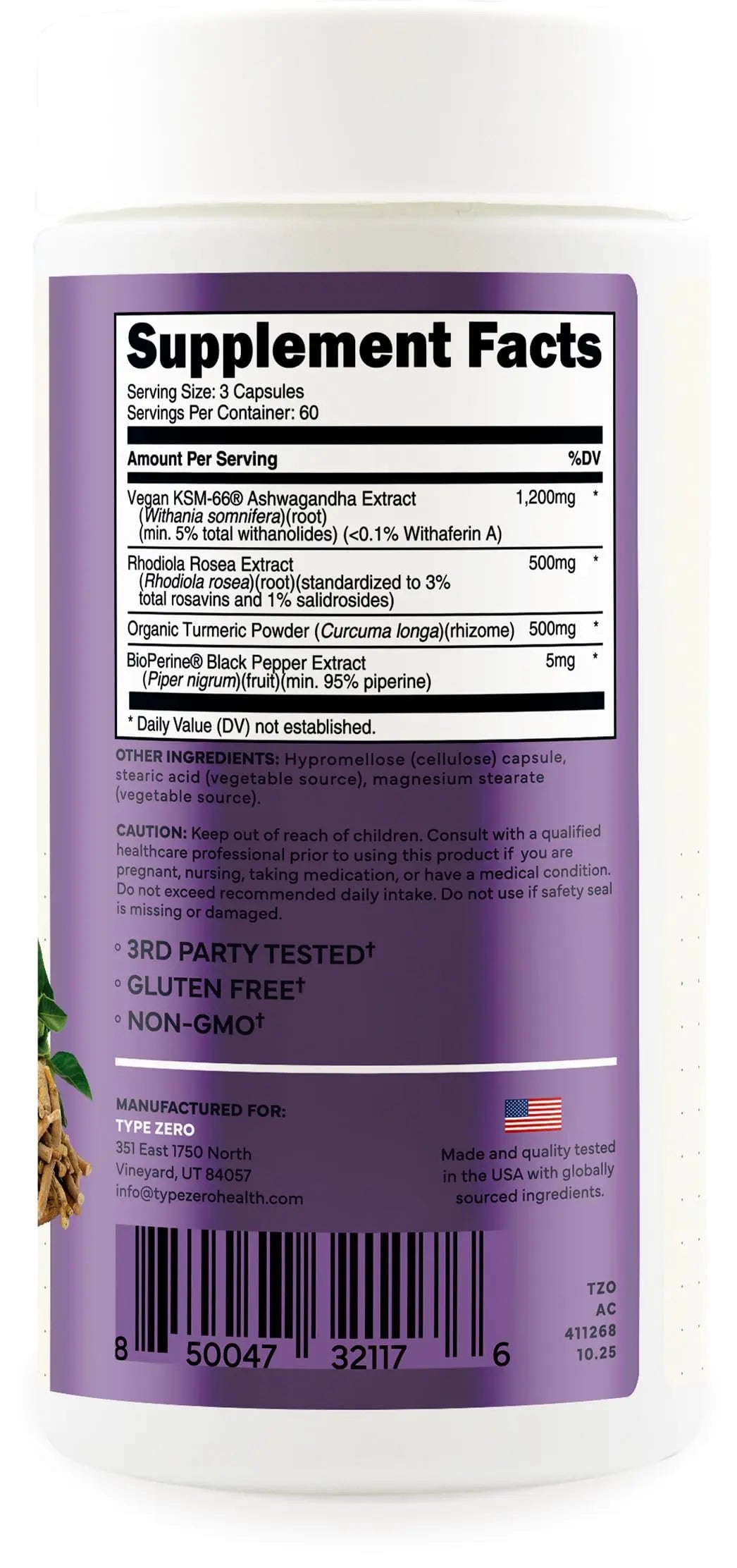 Type Zero KSM-66 Ashwagandha Root Extract 1,200mg, 60 Servings - High Potency 5% Withanolides - with Turmeric, Rhodiola Rosea and BioPerine Black Pepper Extract - 180 Veggie Caps Type Zero Au supplements
