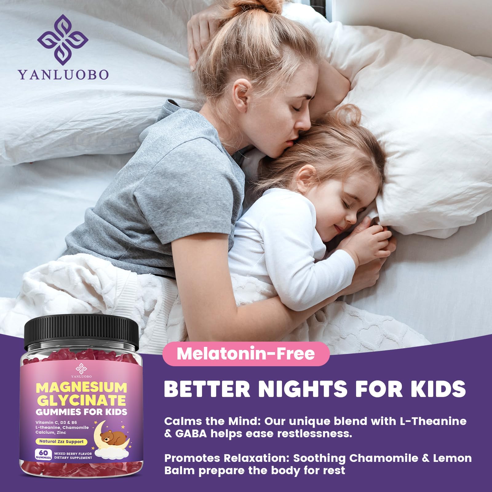 YANLUOBO Kids Magnesium Gummies, Magnesium Glycinate Gummies 400mg/200mg with L-Theanine, Chamomile, Vitamin B6, D3 for Kids, Relaxation & Zzz Support, Nerve Bone - Sugar Free Mixed Berry Flavor 60ct YANLUOBO Au supplements