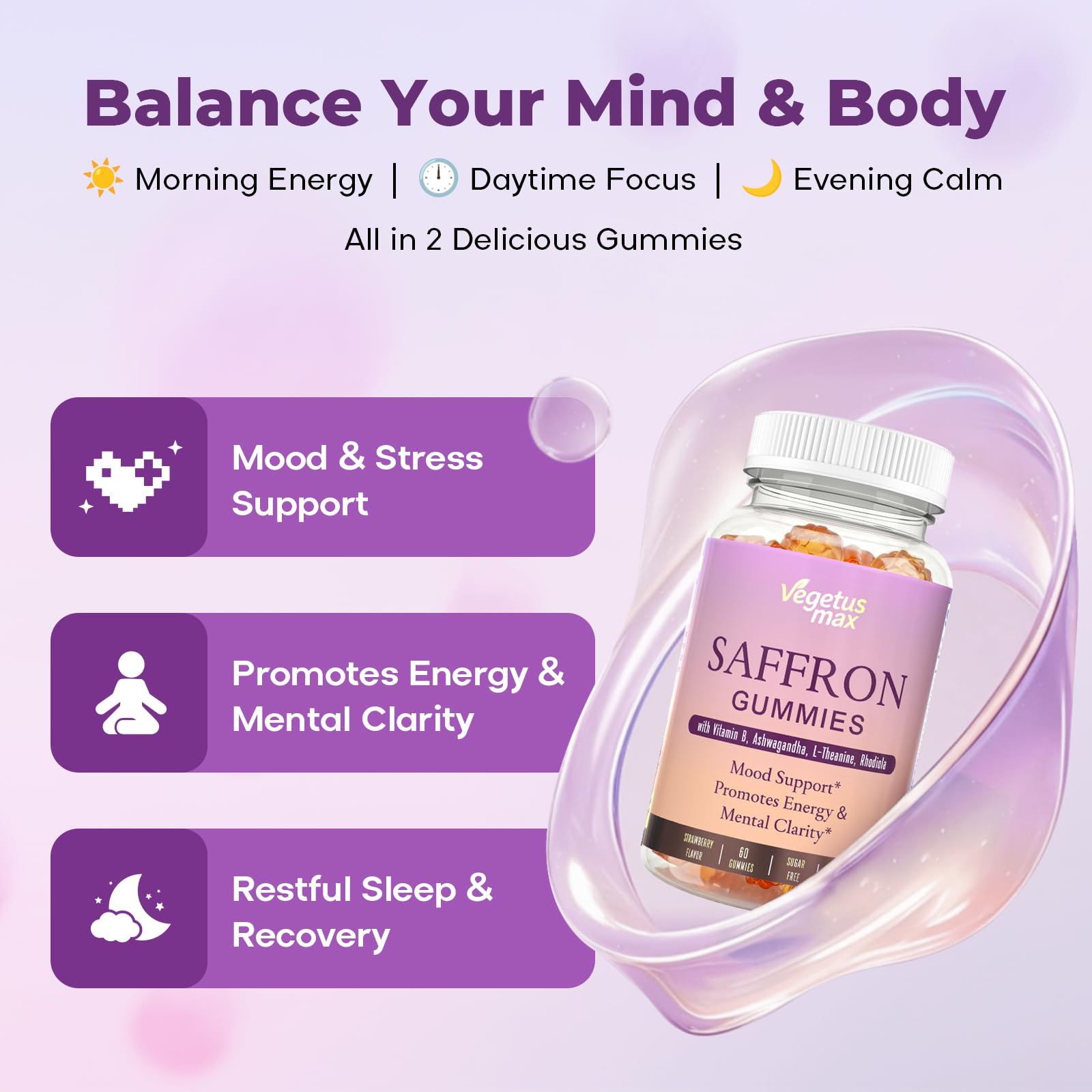 Saffron Supplements Gummies, 88.5mg Pure Saffron Extract with Ashwagandha L-Theanine Rhodiola Rosemary Magnesium Vitamin B6 B12 for Mood Focus Support Adults Kids - 60 Count VEGETUSMAX Au supplements
