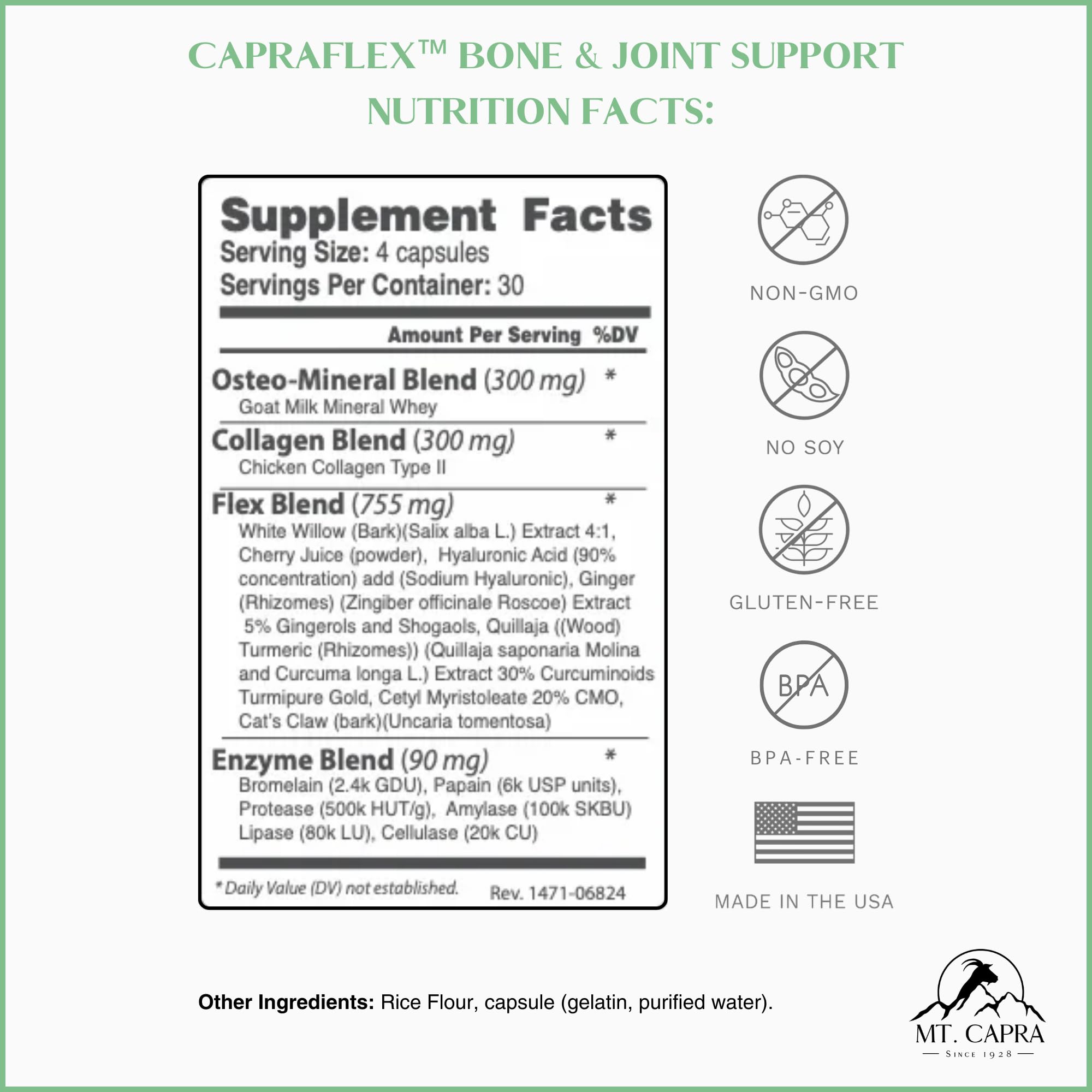 CapraFlex by Mt. Capra | Bone and Joint Support Supplement with Chicken Collagen, Hyaluronic Acid, Turmeric, and Herbs for Joint Vitality | 30 Servings - 120 Capsules Mt Capra Au supplements