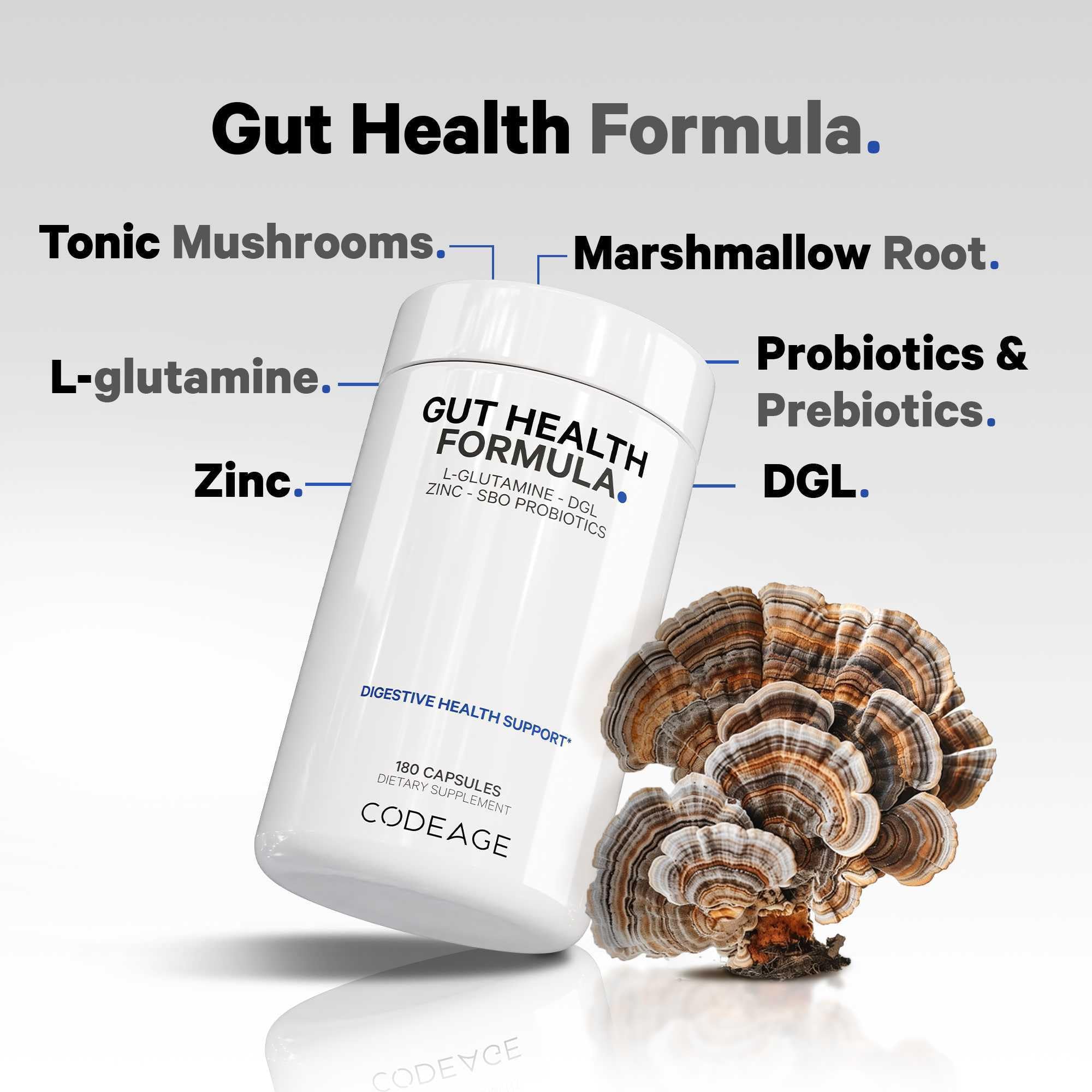 Codeage Gut Health Supplements Vegan Formula - L Glutamine, Zinc, Turkey Tail Mushroom Powder, Tonic Mushroom, Maitake, Micro Algae, Mineral, Licorice Root DGL - Probiotics, Prebiotics - 180 Capsules Codeage Au supplements