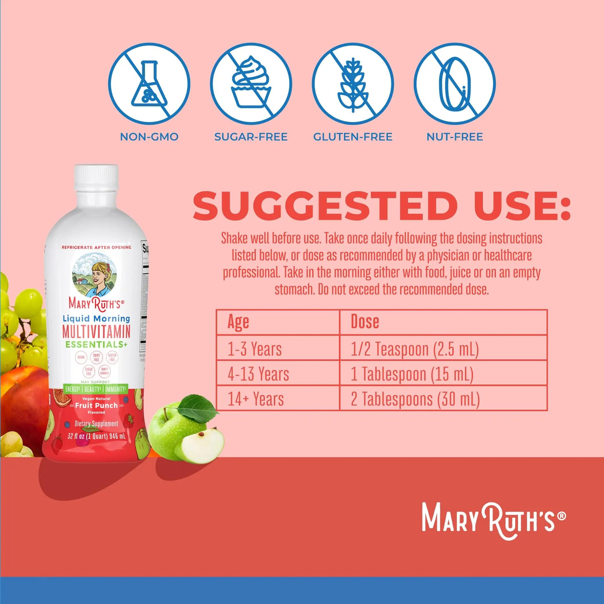 MaryRuth Organics Liquid Morning Multivitamin Essentials+ | Vitamin A C D E B6 B12 Biotin Zinc, Mens Womens Multivitamin, Immune Support, Beauty | Sugar Free | Vitamins for Ages 1+ | Vegan | 32 Fl Oz MARYRUTH'S Au supplements
