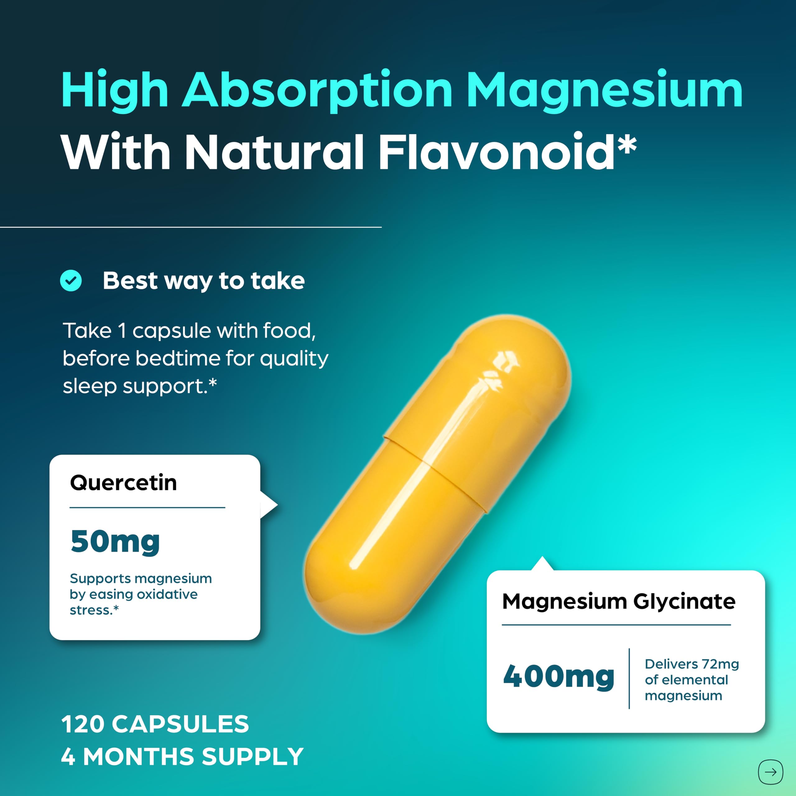 Magnesium Glycinate 400mg High Absorption Capsules with Quercetin | Quality Sleep, Relaxation & Muscle Health Supplement for Women and Men | Chelated Magnesium 120 Count (Pack of 1) | Easy to Swallow Sandhu's Au supplements