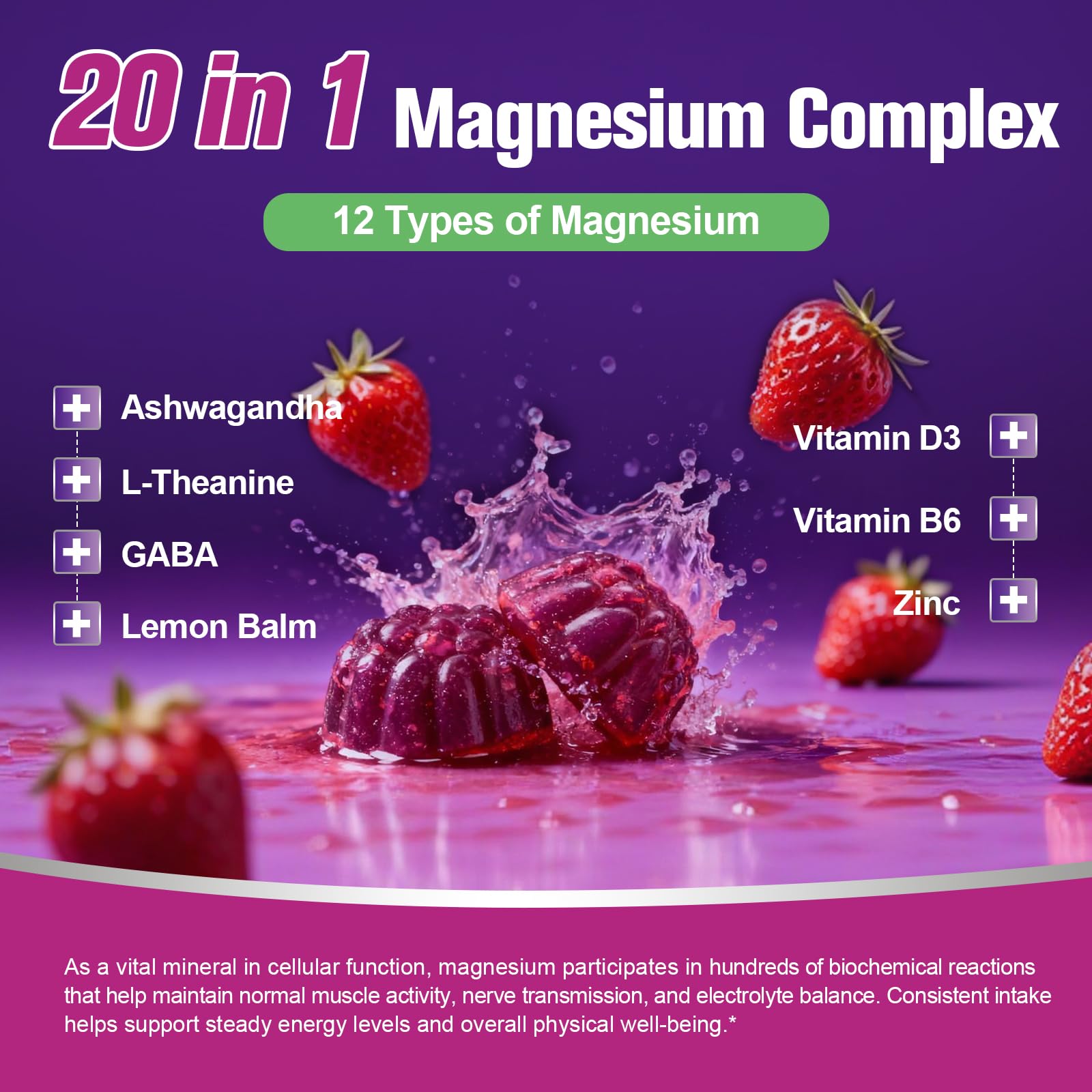 Migcopat Magnesium Complex Gummies, 20 in 1 Magnesium Gummy with Glycinate Citrate Malate Taurate - Ashwagandha, L-Theanine, D3&Zinc for Relaxation, Sleep, Muscle&Heart Support, Strawberry, 60 Cts Migcopat Au supplements