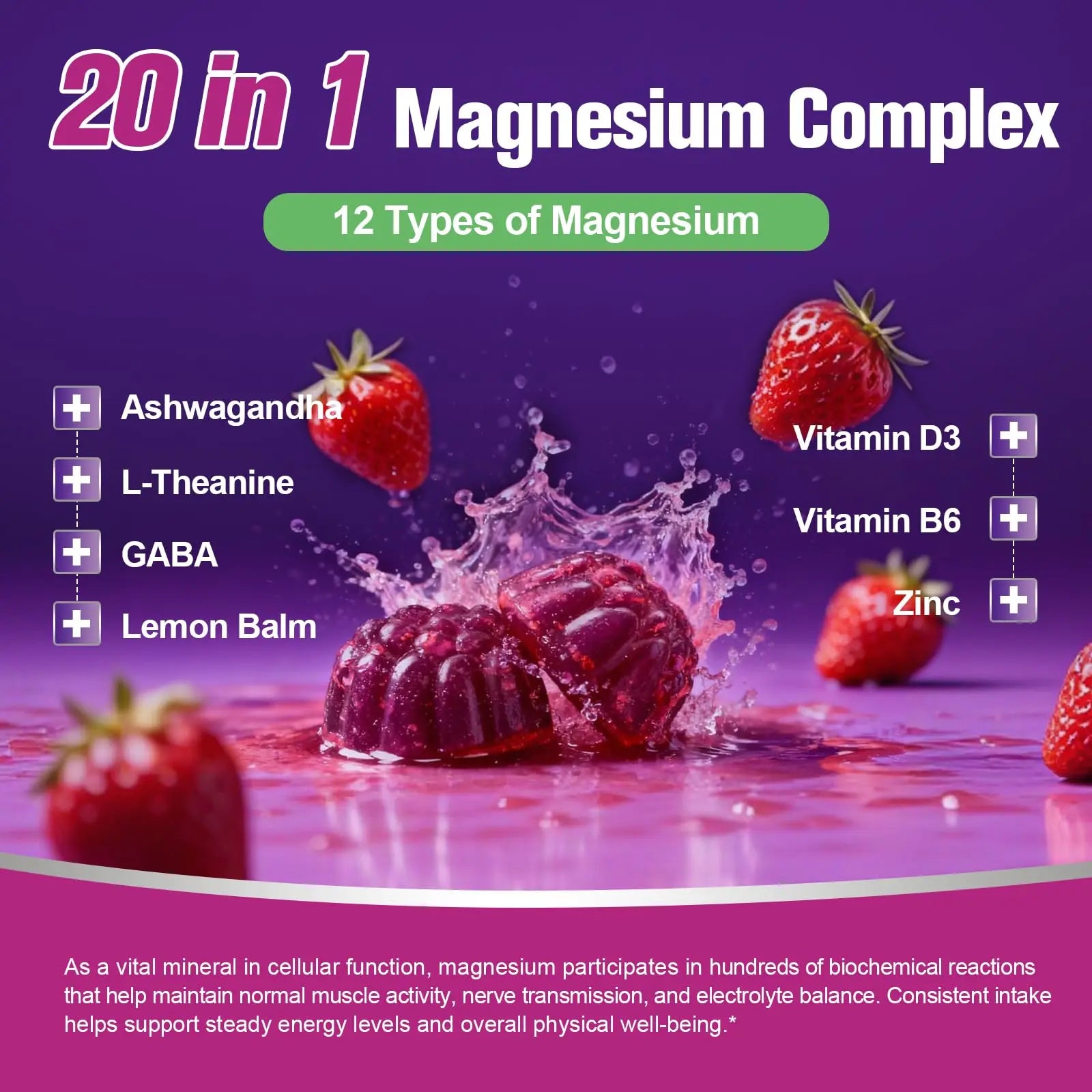 Migcopat Magnesium Complex Gummies, 20 in 1 Magnesium Gummy with Glycinate Citrate Malate Taurate - Ashwagandha, L-Theanine, D3&Zinc for Relaxation, Sleep, Muscle&Heart Support, Strawberry, 60 Cts Migcopat Au supplements