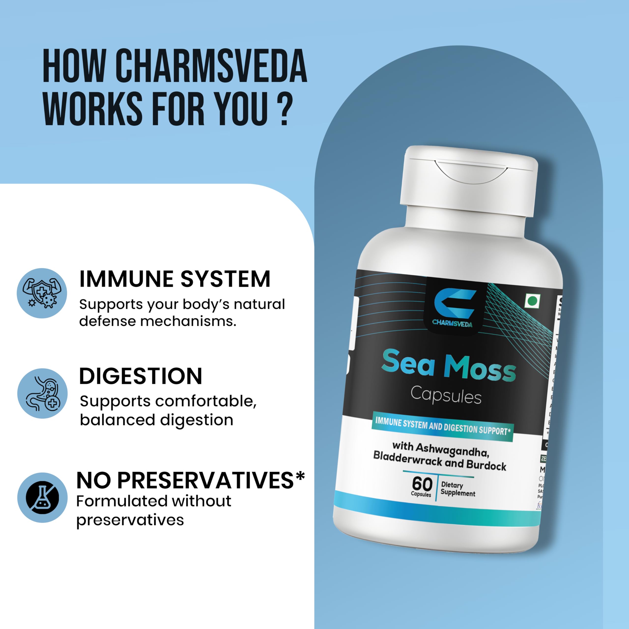 CHARMSVEDA Sea Moss Capsules with Ashwagandha, Bladderwrack & Burdock – Overall Wellness & Immune Support, Support Digestive & Gut Health* – 60 Vegan Capsules CHARMSVEDA Au supplements