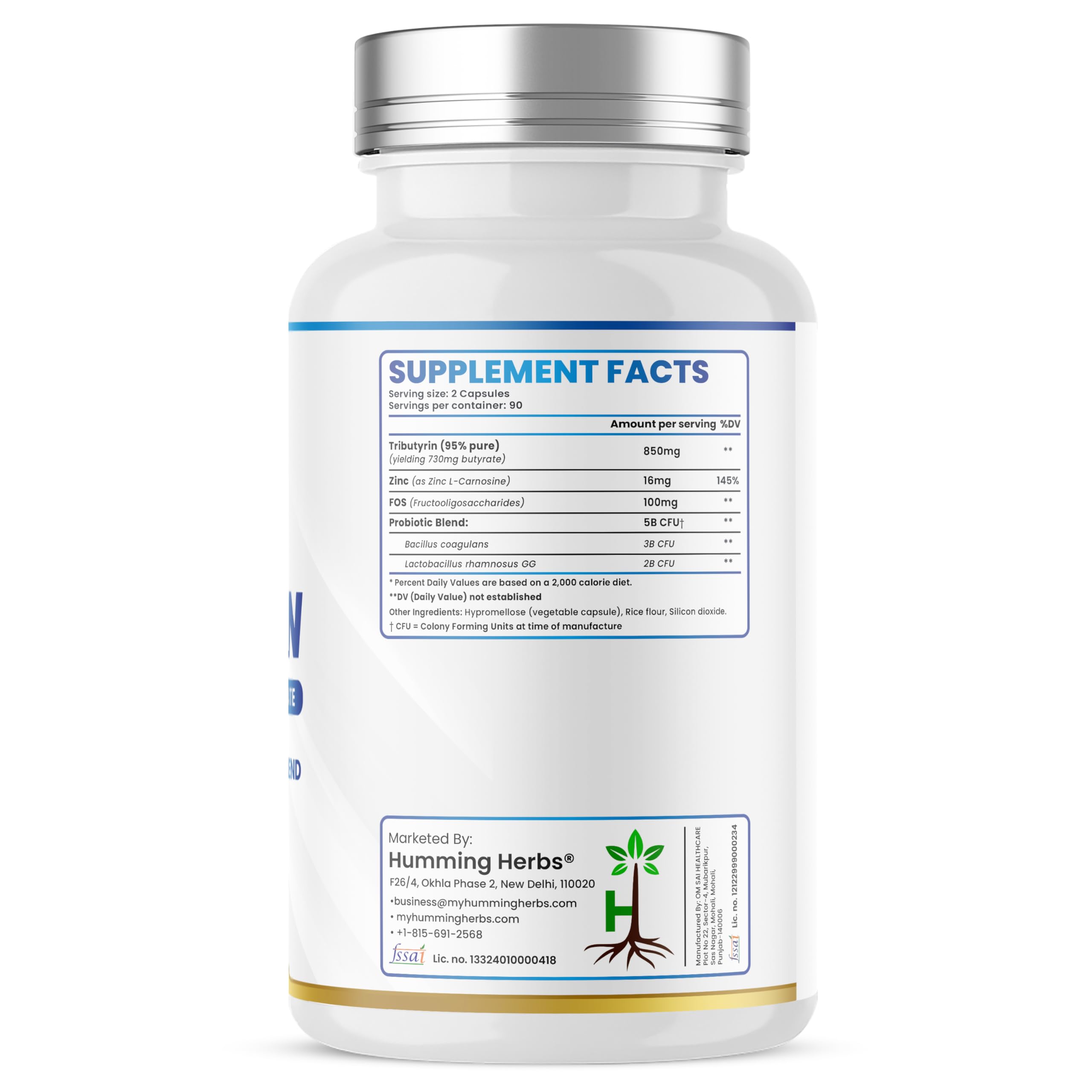 Humming Herbs Tributyrin Complex — 850 mg per Serving (95% Pure, yielding 731 mg Butyrate) with L-Glutamine, Zinc L-Carnosine, FOS & Probiotic Blend (180) Humming Herbs Au supplements
