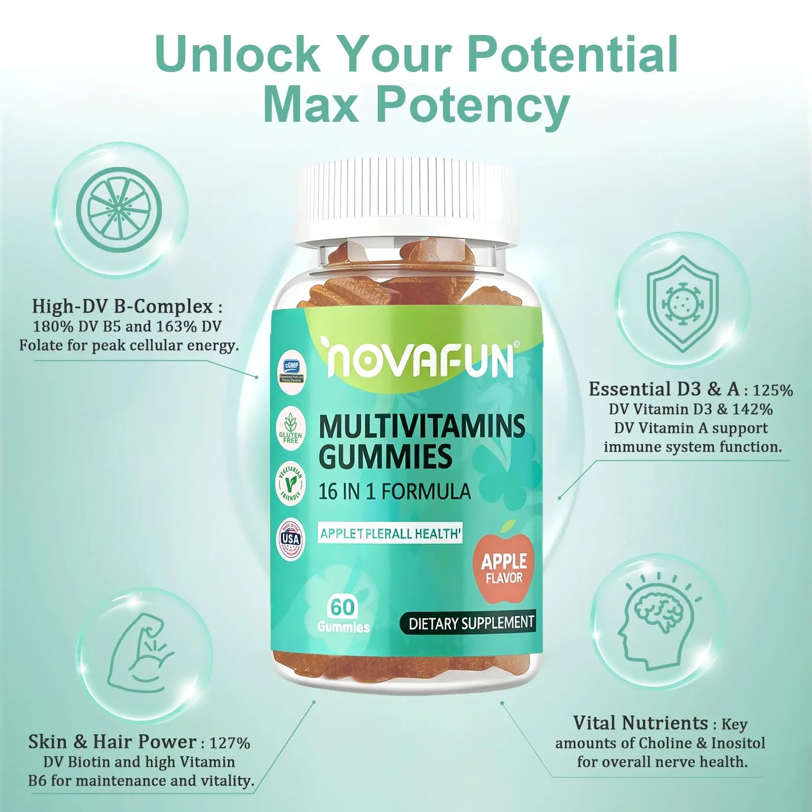 Novafun Multivitamin Gummies,16-in-1 Multi Vitamin Supplements for Women, Men & Kids, Essential Vitamins & Minerals Novafun Au supplements