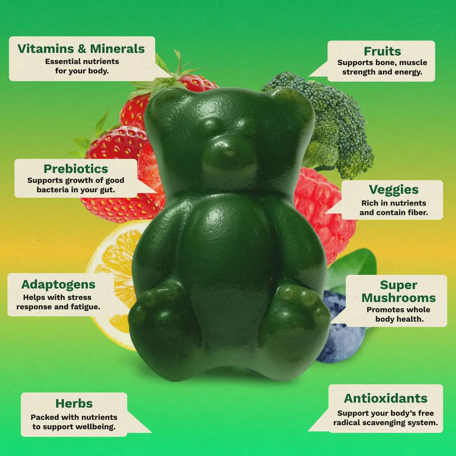 Gruns Sugar-Free Super Greens Gummies, Multivitamin Superfood Gummy Bears, Spirulina, Chlorella, Prebiotics & Fiber gummies for Digestive Health, Adaptogens Supplement, 20 Vitamins & Minerals, 10 pack Grüns Au supplements