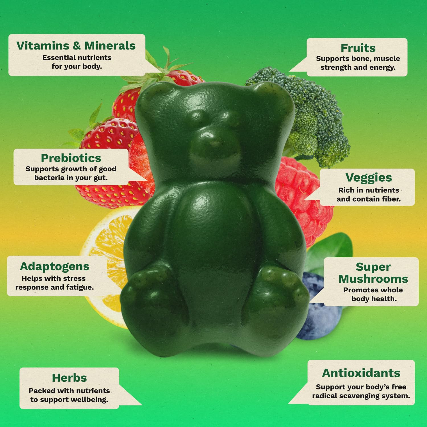 Gruns Adult Super Greens Multivitamin Gummies, Superfood Gummy Vitamins for Women and Men with Spirulina, Chlorella, Adaptogens & Prebiotic Fiber for Digestive Health (28 Count) Grüns Au supplements