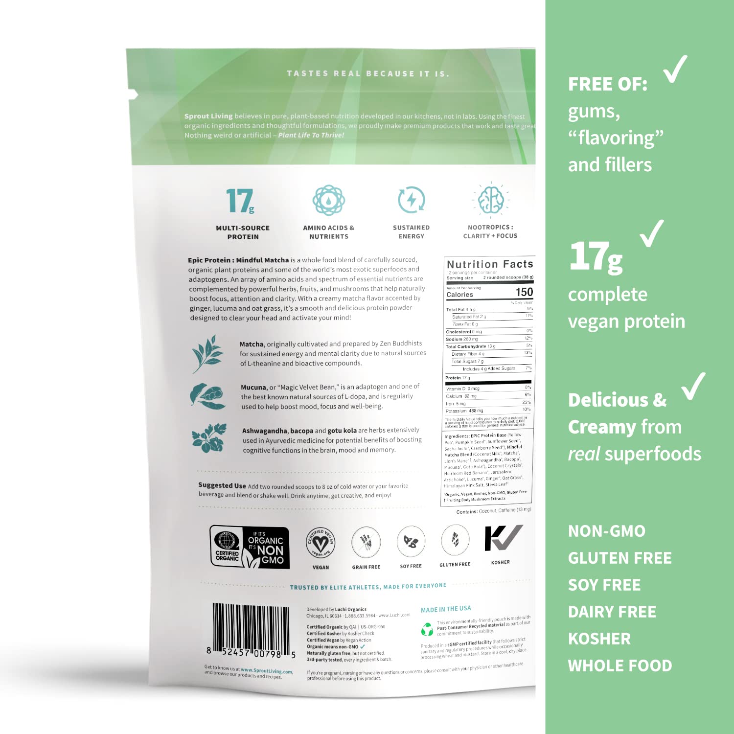 Sprout Living Epic Protein, Plant Based Protein & Superfoods Powder, Mindful Matcha Sprout Living Au supplements