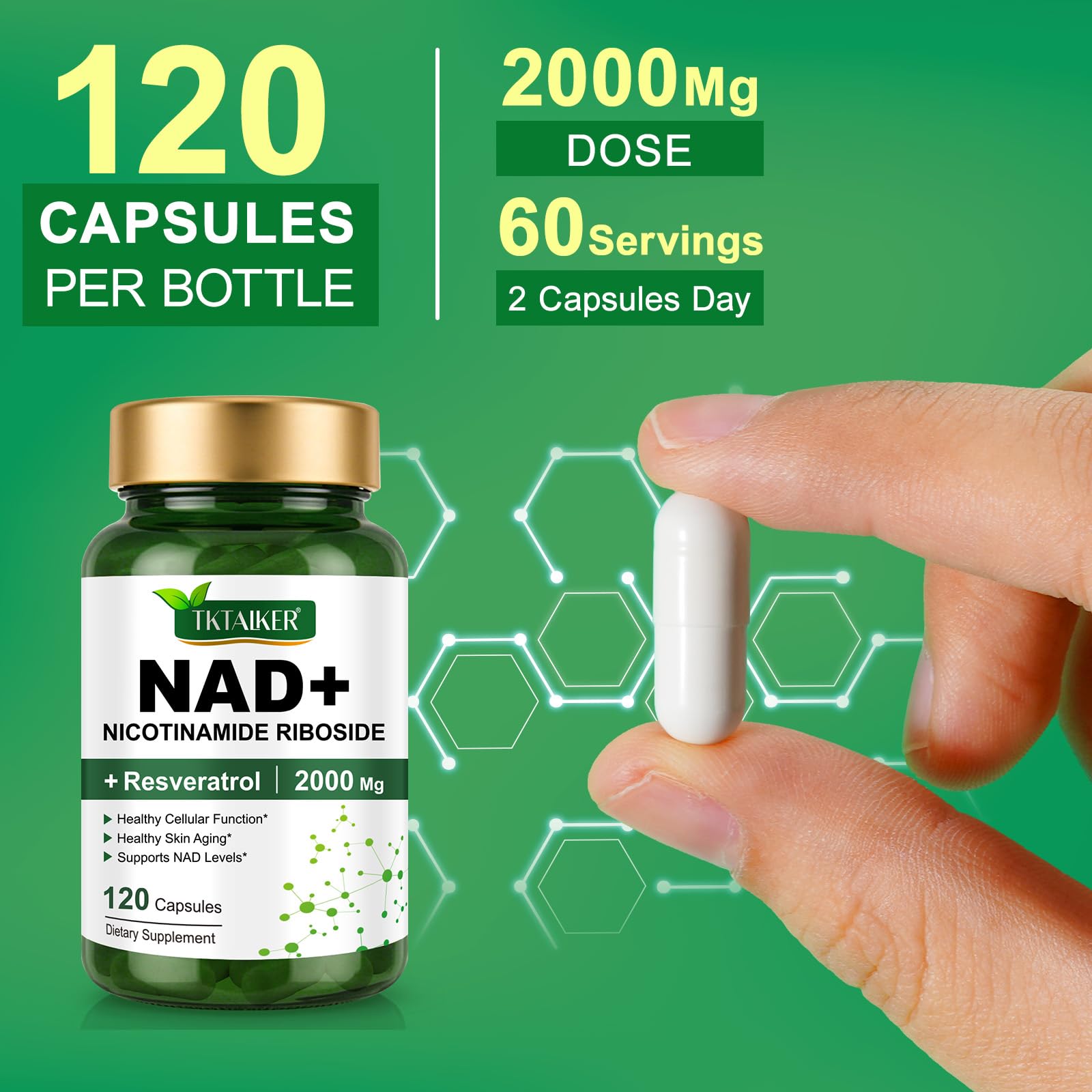 TKTALKER NAD Supplement 2000 Mg - 120 Capsules True NAD & Resveratrol, NMN Alternative Liposomal NAD+ for Women & Men, Support Cellular Health, Stamina & Healthy Aging - Ultra Strength Capsules TKTALKER Au supplements