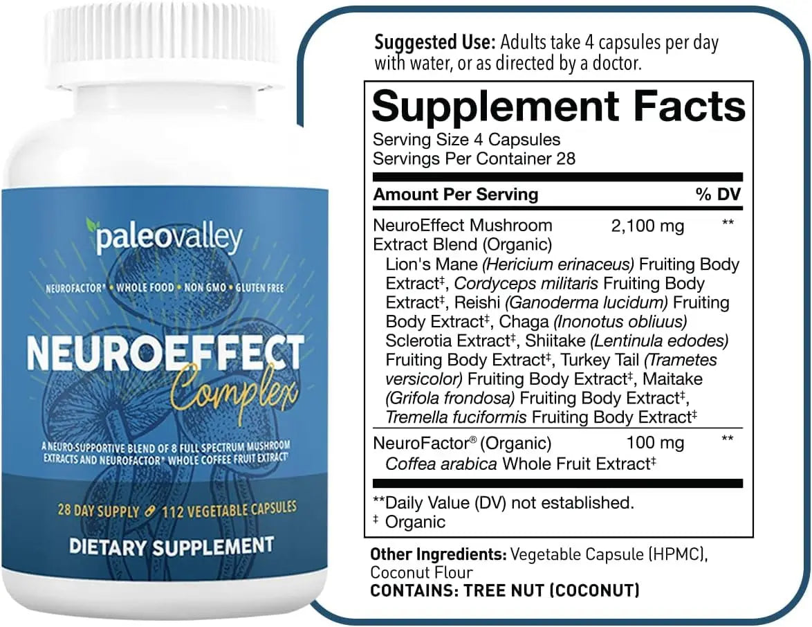 Paleovalley NeuroEffect - Neuro Mushroom Coffee Nutritional Supplement for Focus, Memory, and Energy Support - 28-Day Supply - 8 Full Spectrum Mushroom and Whole Coffee Fruit Extracts Paleovalley Au supplements