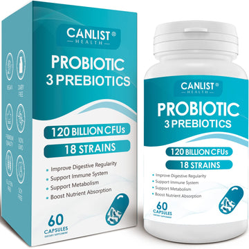 CANLIST Probiotics 120 Billion CFUs 18 Strains, 3 Prebiotics & Digestive Enzymes for Men Women,Digestive & Immune Support,Shelf Stable Non-GMO 60 Capsules CANLIST Au supplements