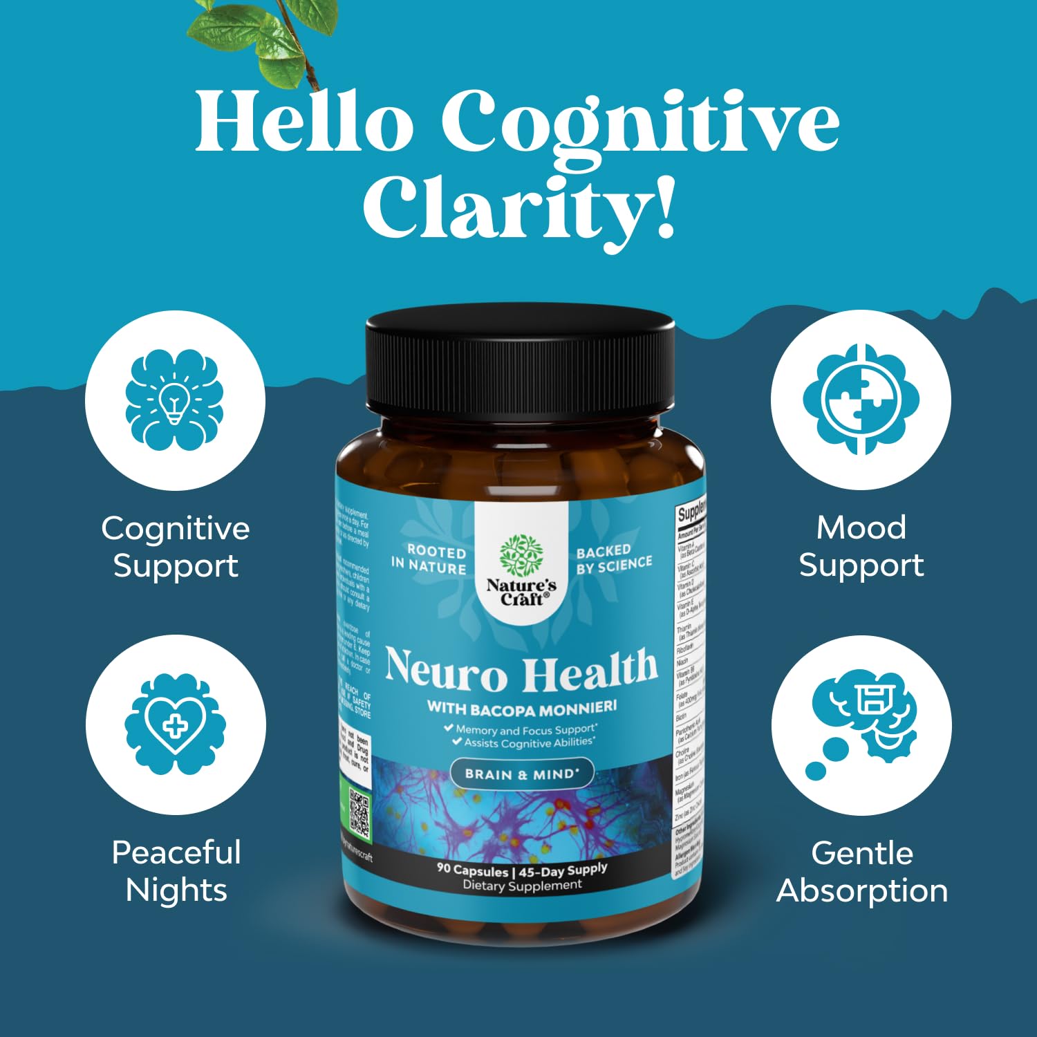 Nootropic Brain Supplement for Memory and Focus Support - Vitamins for Mental Support & Clarity with Bacopa Monnieri, VIT A, B6, Riboflavin, Niacin, Thiamin & Folate - Cognitive Complex - 90 Count Natures Craft Au supplements