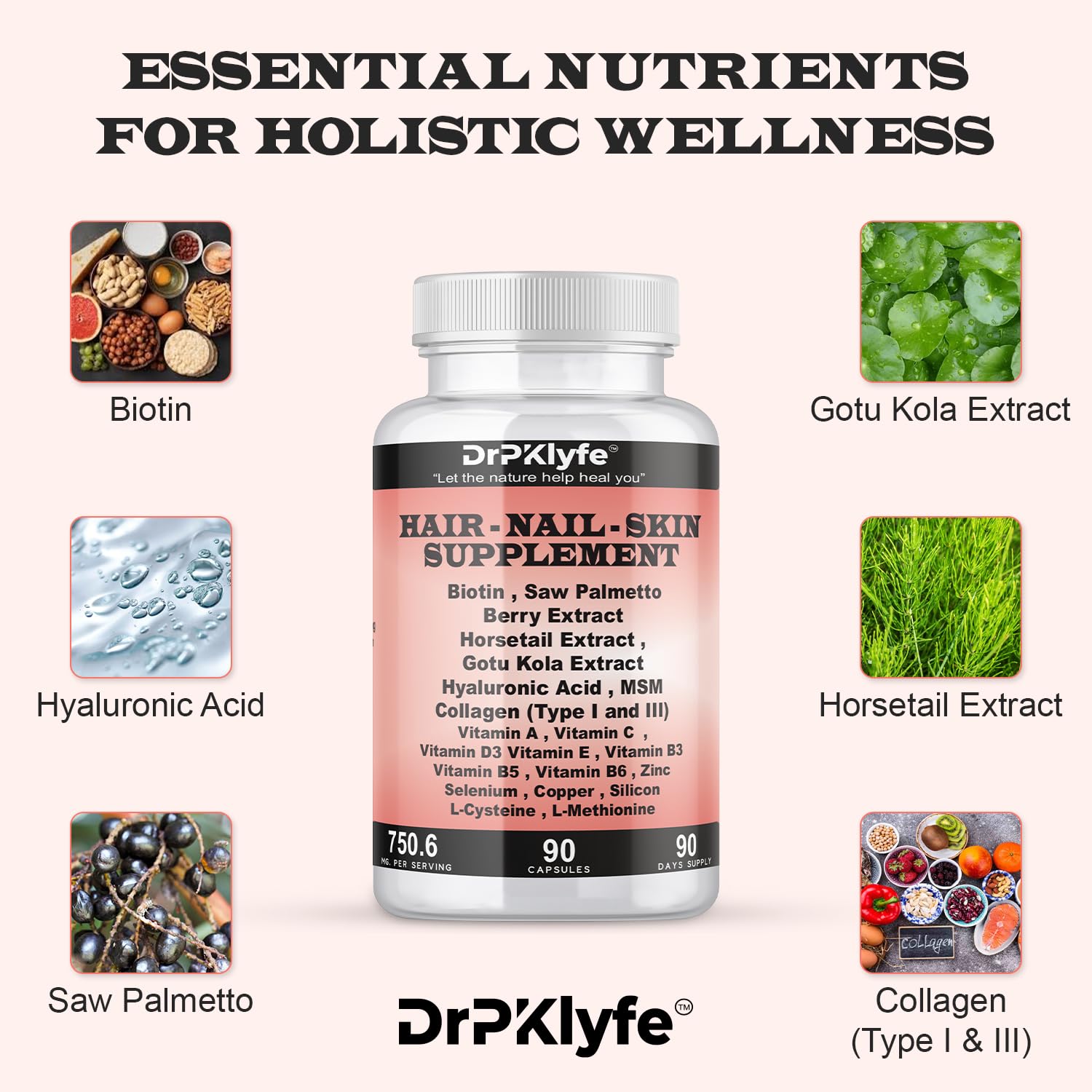 DrPKLyfe Hair, Nail and Skin Supplement Capsules:Biotin, Collagen, Collagen Peptides, Acid Hyaluronic, Biotin, Vitamin A, C, B5, B6 Saw Palmetto & More - 90 Capsules. DrPKLyfe Au supplements