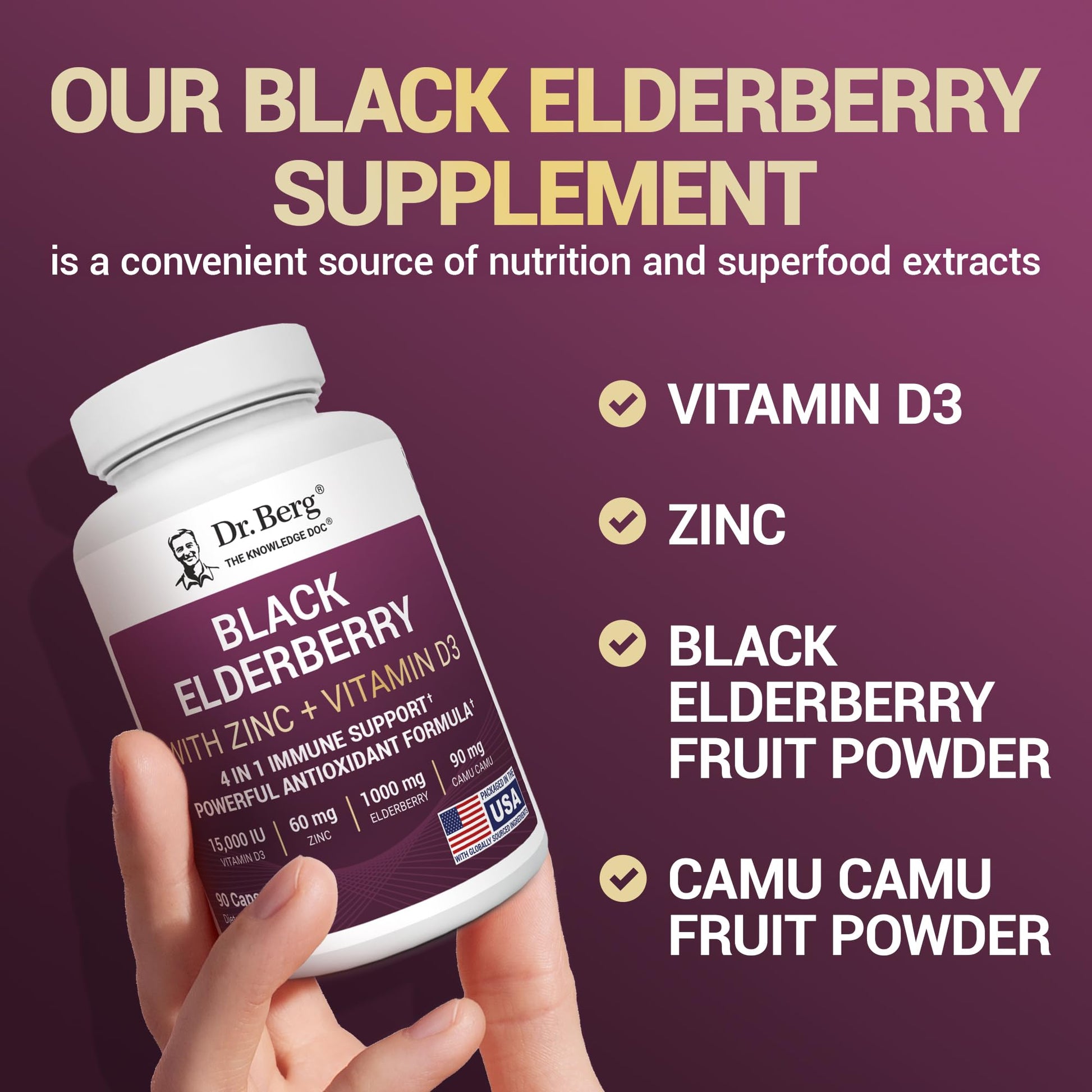 Dr. Berg Black Elderberry Capsules (Advanced Immune Support*) with 15,000 IU Vitamin D, 60 mg of Zinc, & 90 mg of Camu Camu - (4-in-1) Sambucus Elderberry Immune Support Supplement - 90 Capsules Dr. Berg Nutritionals Au supplements