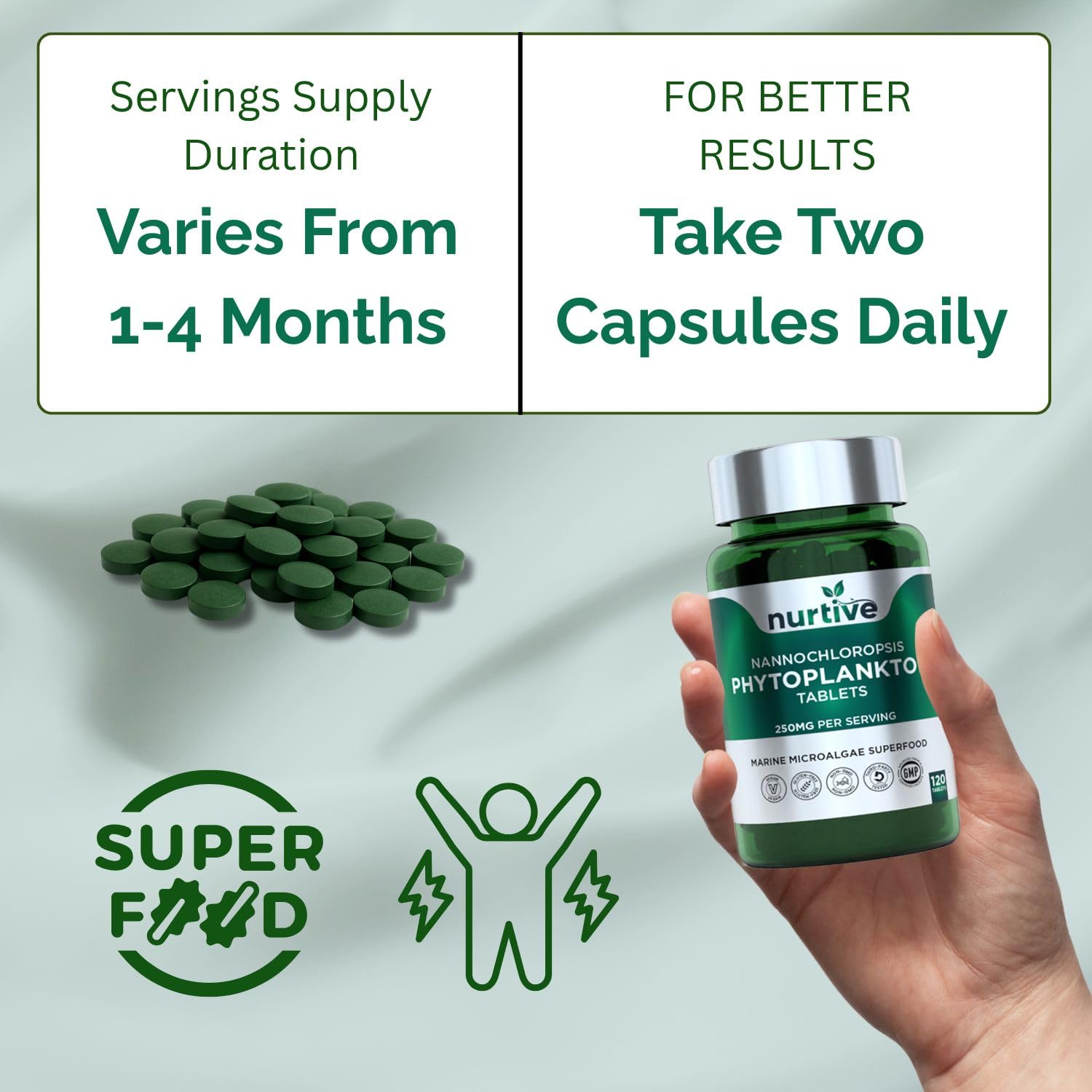 NURTIVE Nannochloropsis Phytoplankton Tablets – 250mg per Serving – Vegan, Gluten-Free, Non-GMO, No Fillers – Third-Party Tested, GMP Certified – 2 Tablets/Day for 2 Month, 120 Tablets/Bottle NURTIVE Au supplements