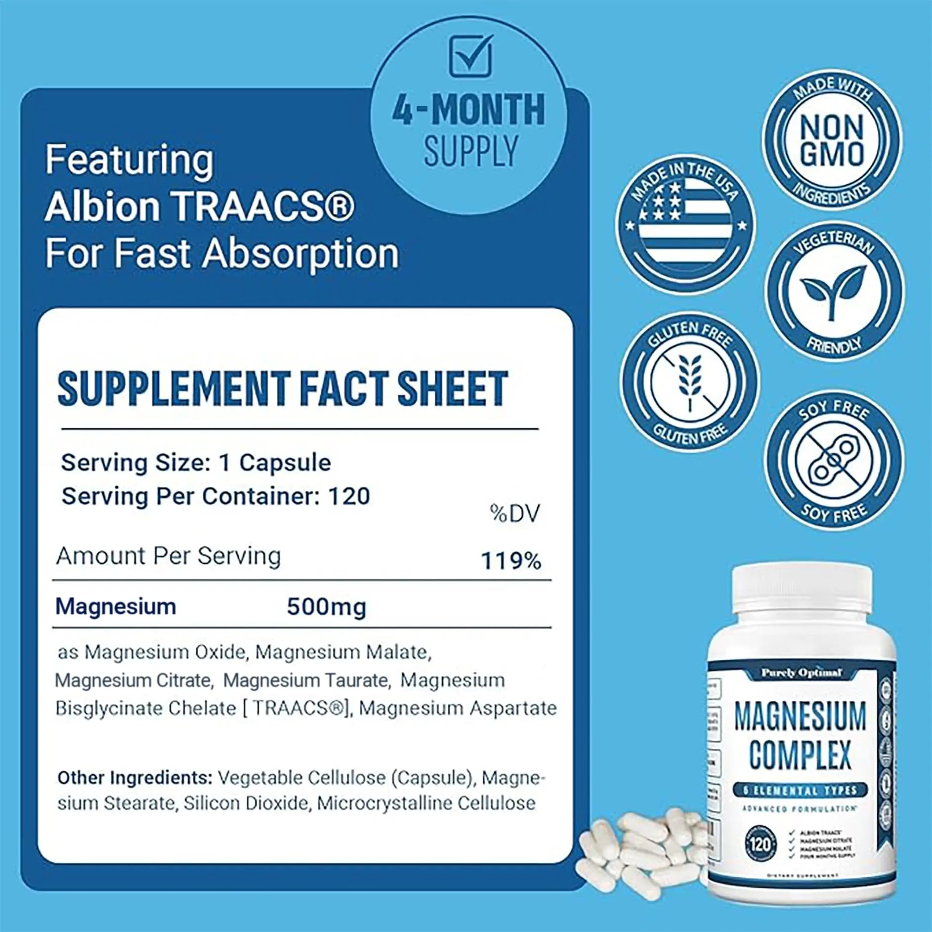 Purely Optimal Magnesium Complex - 6 Forms Magnesium Glycinate, Citrate & Malate - Sleep Support, Stress Relief, Muscles, Heart Health & Relaxation - Magnesium Supplement for Women & Men, 120 Caps Purely Optimal Au supplements