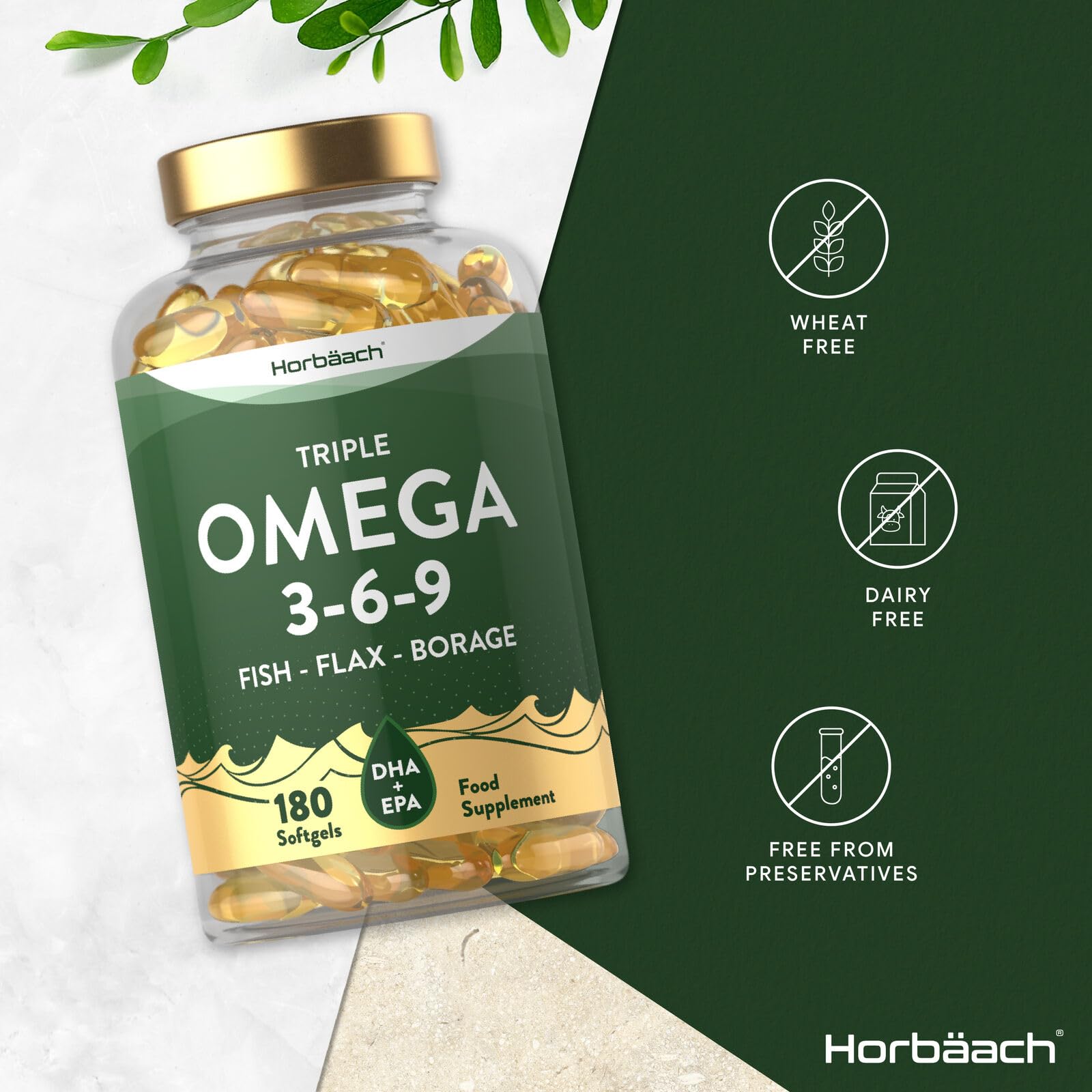 Triple Omega 3 6 9 Capsules | 180 Count | High Strength Supplement with DHA Horbäach Au supplements