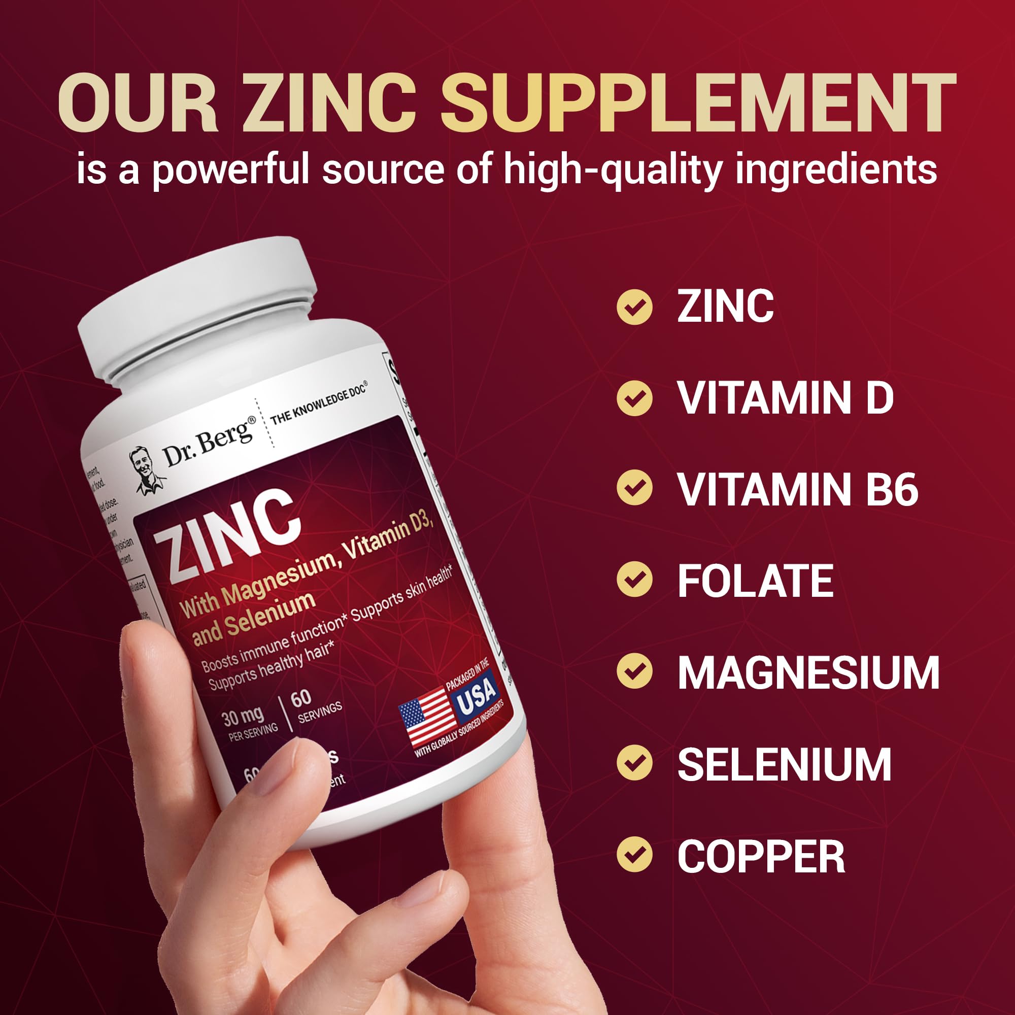 Dr. Berg Zinc 30mg Enhanced with Magnesium, Vitamin D3, Selenium, & Copper - Zinc Supplements for Men & Women - Chelated Zinc for Immune, Skin, Hair, & Nails Support* - 60 Capsules Dr. Berg Nutritionals Au supplements