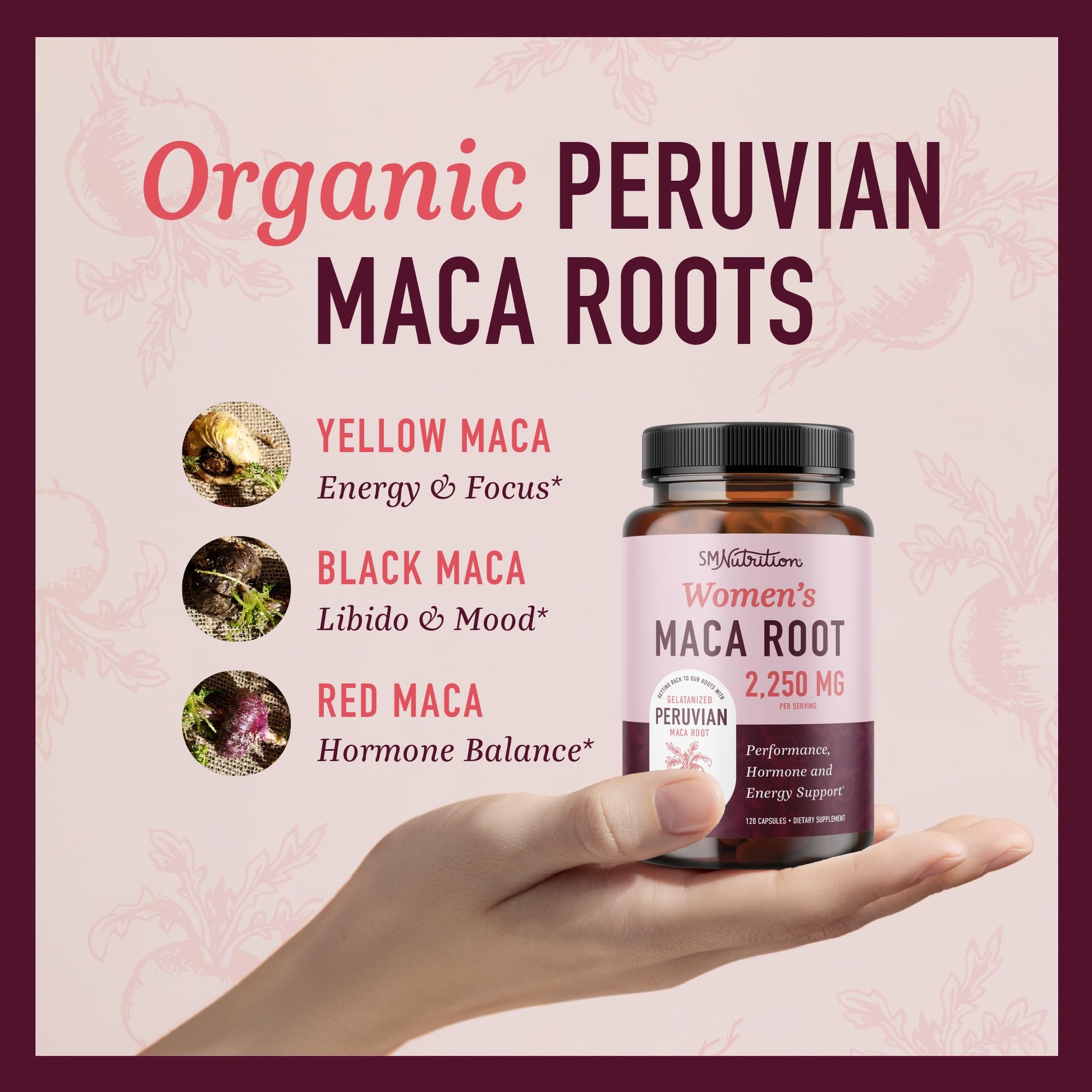 Organic Maca Root Capsules for Women | Peruvian Maca 2250MG Extra Strength | Red, Black & Yellow Root Powder with Black Pepper | Herbal Supplement to Support Energy & Hormone Balance | 120 Ct SMNutrition Au supplements