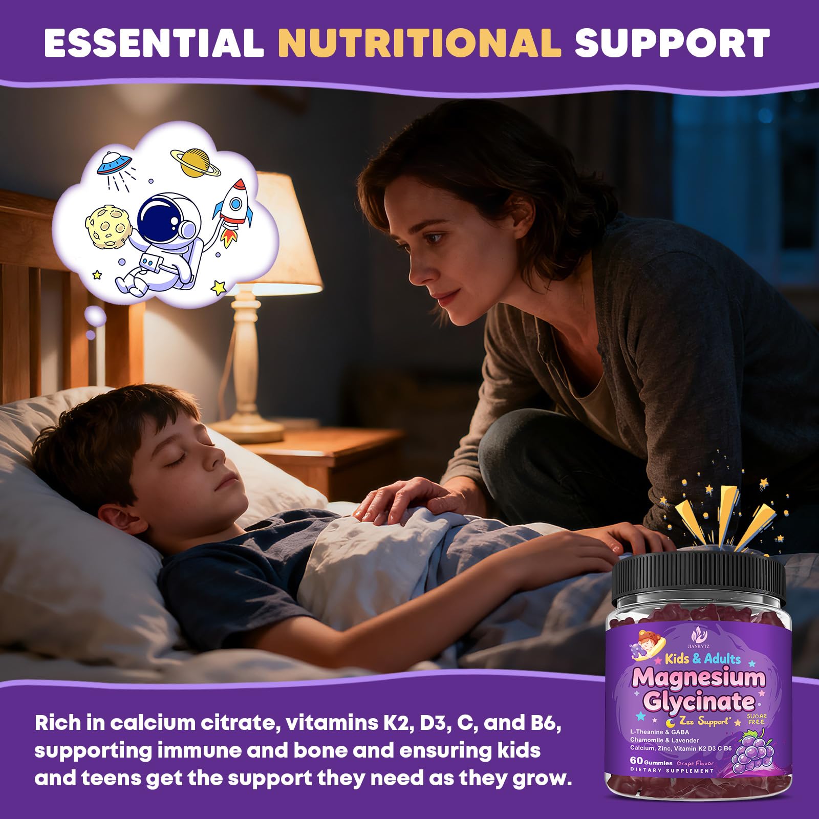 Sugar Free Magnesium Glycinate Gummies for Kids & Adults - Zzz Support, Relaxation & Cognition Support, 200/400mg Magnesium Gummies with L-Theanine, GABA, Calcium, B6, D3, C & K2, Grape Flavor, 60 Ct JIANKYTZ Au supplements