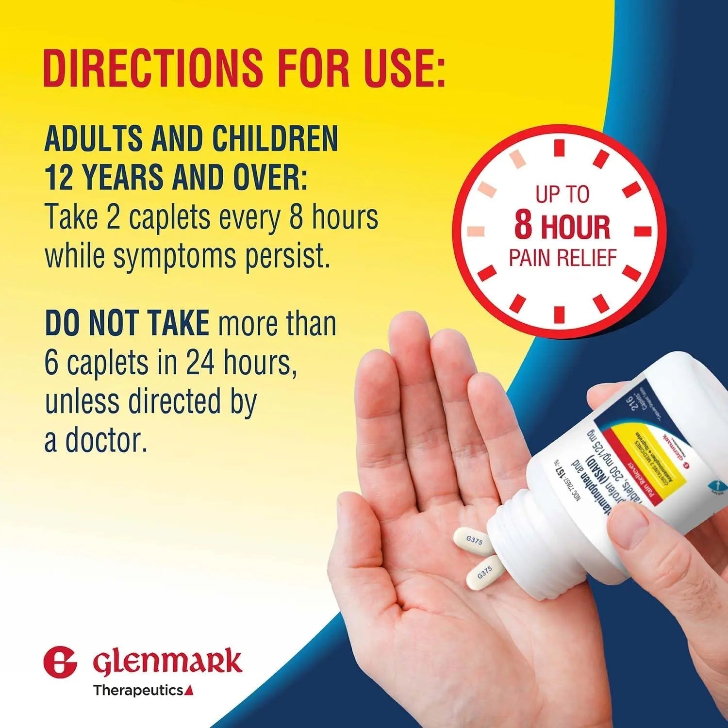Dual Action Acetaminophen 250mg and Ibuprofen 125mg Caplets, Up to 8h of Pain Relief for Minor Aches and Pain, Headaches, Toothache, Backache, Menstrual Cramps, Minor Arthritis Pain, 216 Count Glenmark Therapeutics Au supplements