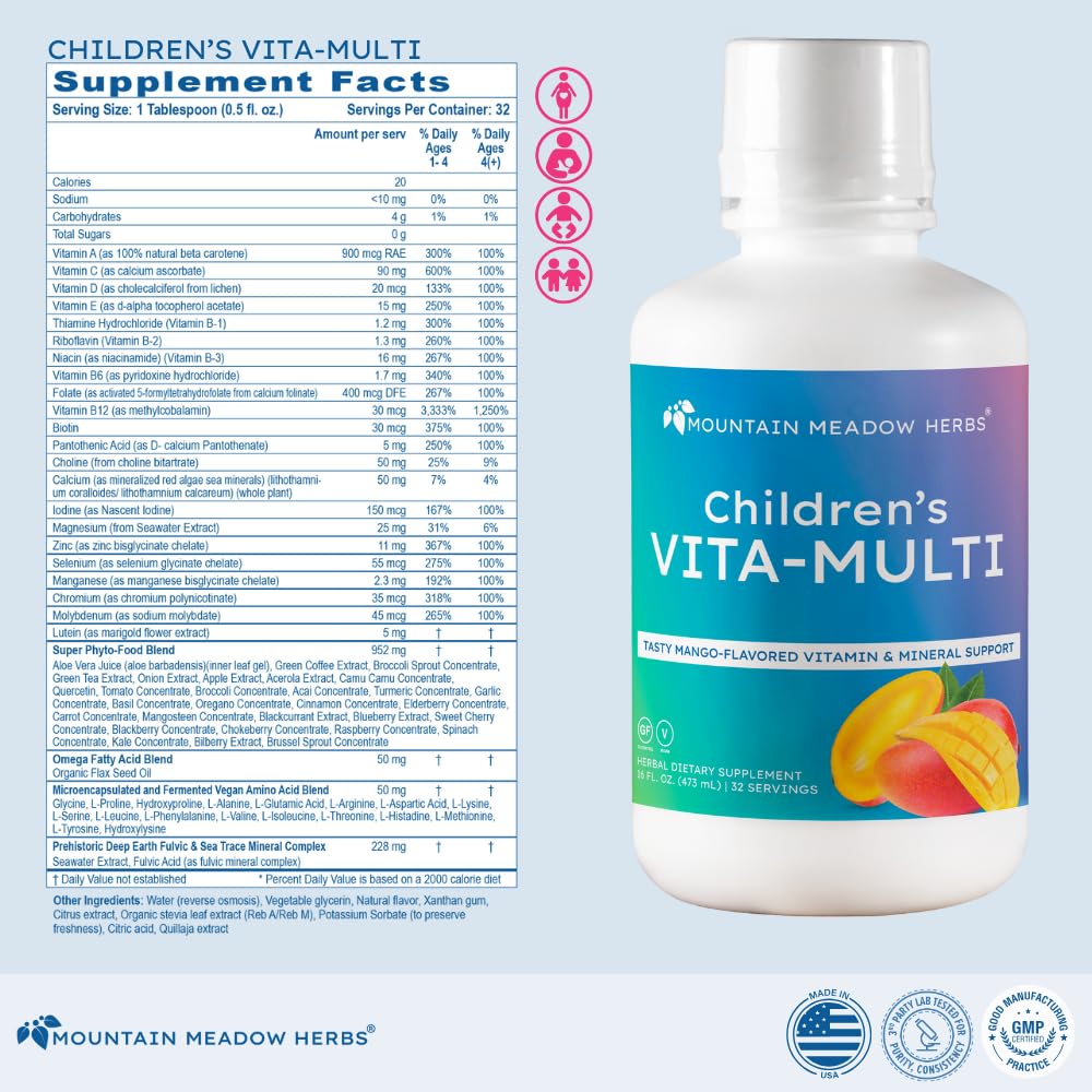 Mountain Meadow Herbs Children's Vita-Multi: Blended Vitamin & Mineral Supplement - Fast Absorbing Liquid Kids Vitamins with Fruits, Greens, and Eye-Protecting Lutein (16 oz.) Mountain Meadow Herbs Au supplements