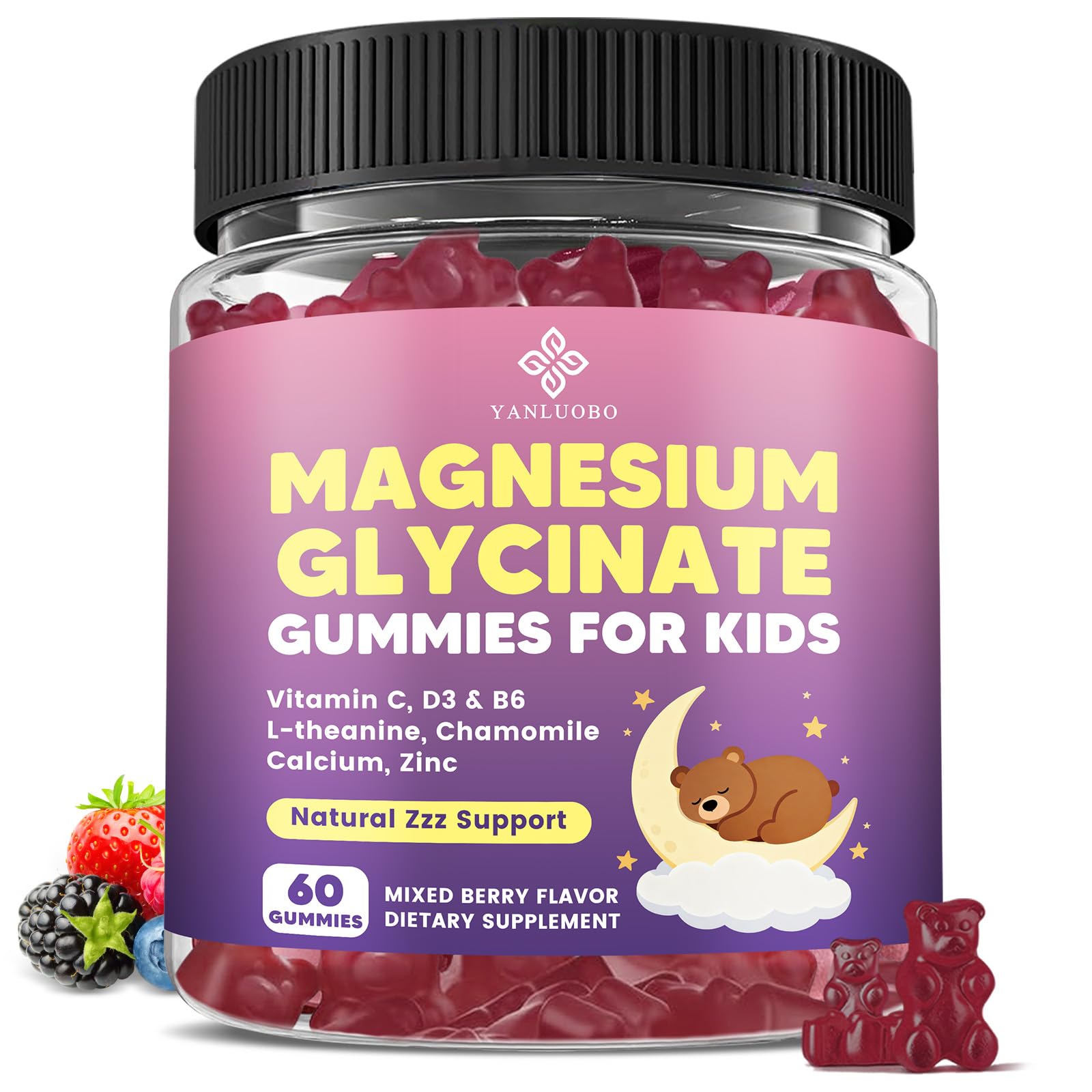 YANLUOBO Kids Magnesium Gummies, Magnesium Glycinate Gummies 400mg/200mg with L-Theanine, Chamomile, Vitamin B6, D3 for Kids, Relaxation & Zzz Support, Nerve Bone - Sugar Free Mixed Berry Flavor 60ct YANLUOBO Au supplements