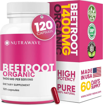 Nutra Wave 1400mg Organic Beet Root Capsules Per Serving – Nitric Oxide Booster for Men – Supports Blood Pressure, Energy, Circulation & Heart Health – Non-GMO, Vegan – 120 Capsules / 60 Day Supply