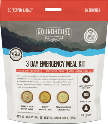 by Chuck Norris Roundhouse Provisions 3 Day, 26 servings Emergency Meal Kit, Grab-and-Go, Premade, Disaster Prep, Hiking, Survival, Adventure, Camping Food, 25 Year Shelf Life. ROUNDHOUSE PROVISION Au supplements