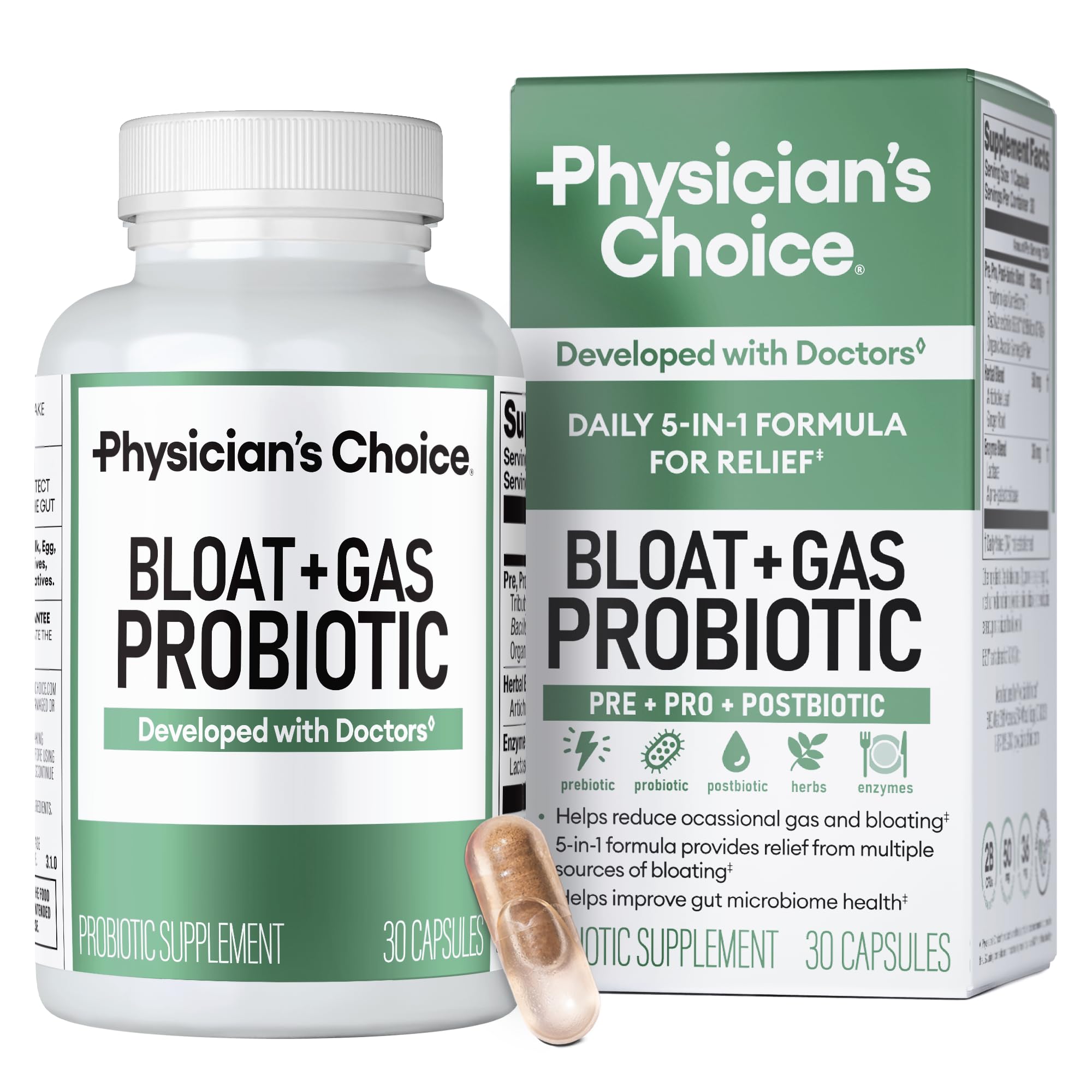 Physician's CHOICE Bloat & Gas Probiotic 5-in-1 Proactive Support + Daily Relief - Digestion & Gut Health- Herbals, Digestive Enzymes, Post & Prebiotics - Gas Relief for Adults - Women & Men - 30ct Physician's CHOICE Au supplements