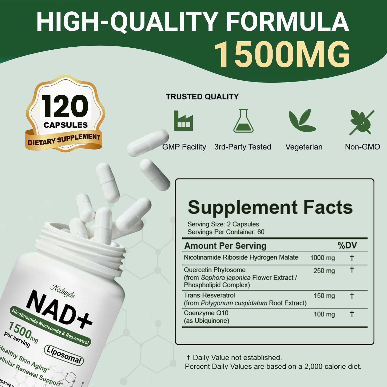 Ncduyde NAD+ Supplement, Liposomal NAD Nicotinamide Riboside Resveratrol 1500 mg - Anti-Aging & Brain Health, Improve Energy - Specifically for Women and Men, 120 Capsules Ncduyde Au supplements