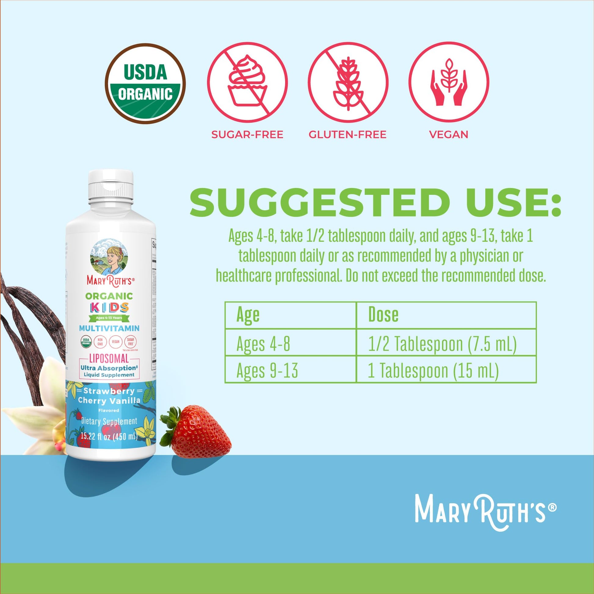 MaryRuth Organics Kids Multivitamin Liposomal | Vegan, Sugar-Free Vitamins for Kids | Ages 4+ | 2 Month Supply | 15.22 Fl Oz MaryRuth Organics Au supplements