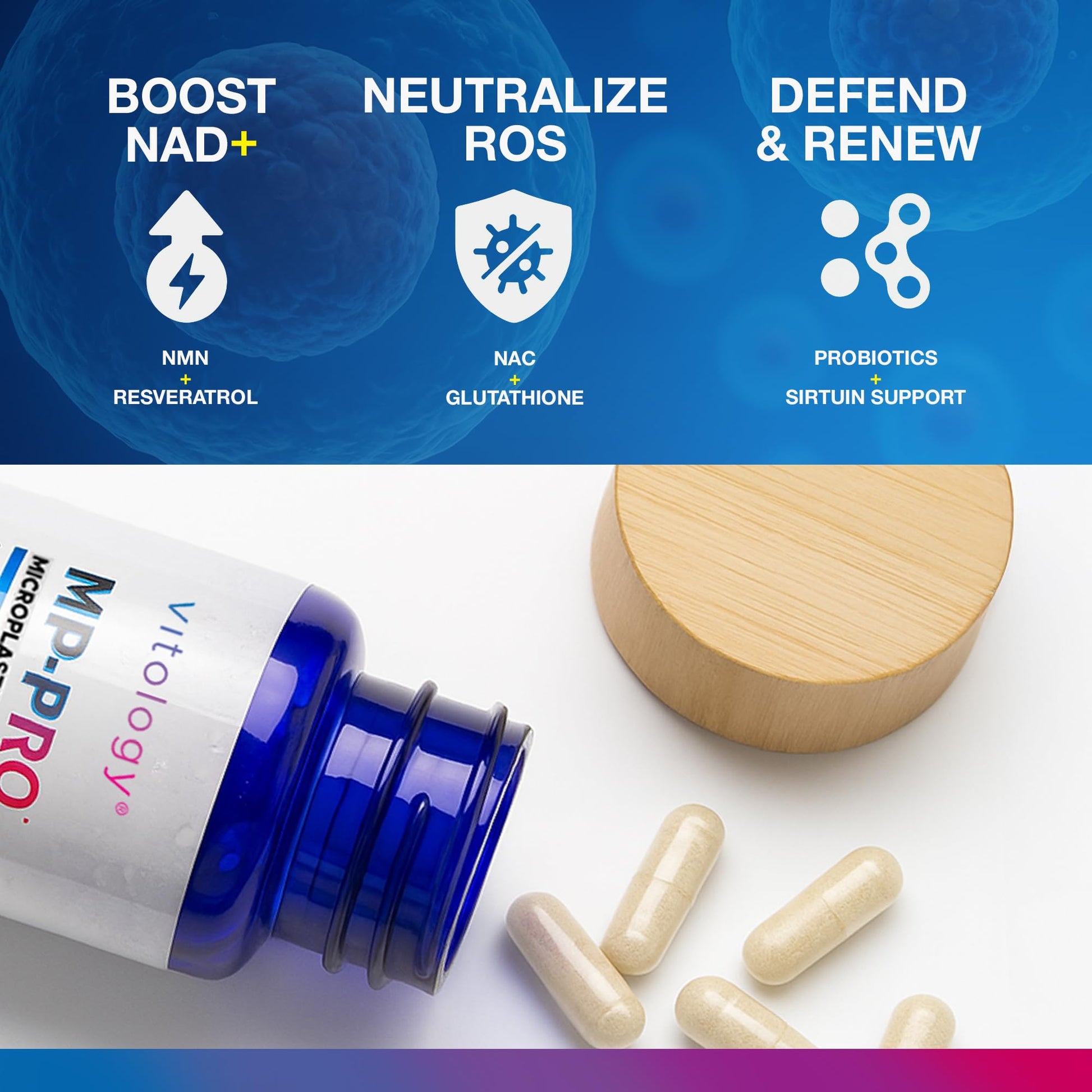 Vitology MP-PRO Microplastics Defense | 15 Billion CFU Probiotic + Antioxidant Blend | NMN, NAC, Glutathione, Resveratrol & Charcoal | Supports Cellular Detox, Longevity & Gut Health – 60 Capsules Vitology Au supplements